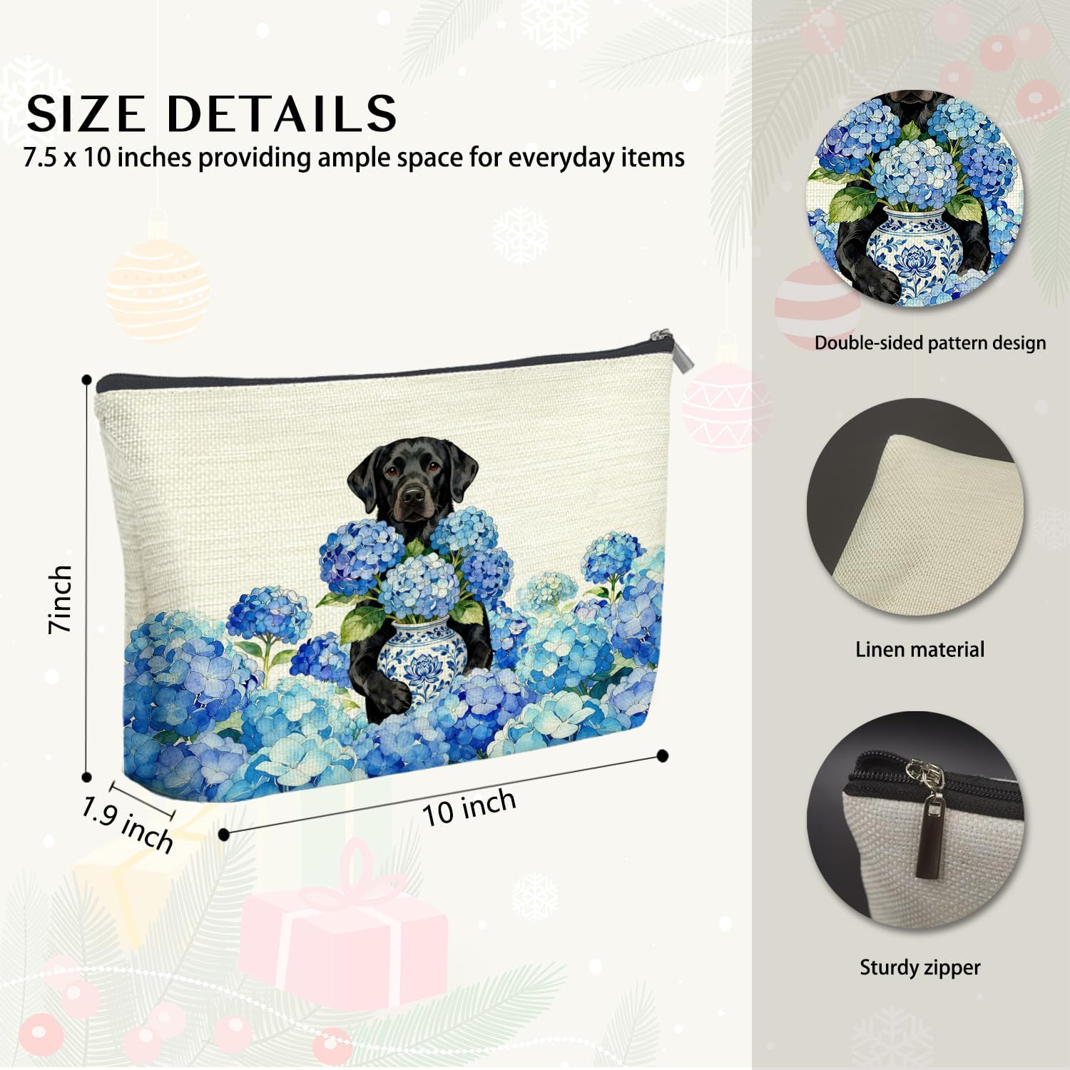 Blue Chinoiserie Hydrangea Labrador Retriever Makeup Bag Gifts for Women, Black Labrador Themed Gifts Cosmetic Bag, Grandmillennial Floral Dog Zipper Makeup Pouch Travel Toiletry Bag image 4