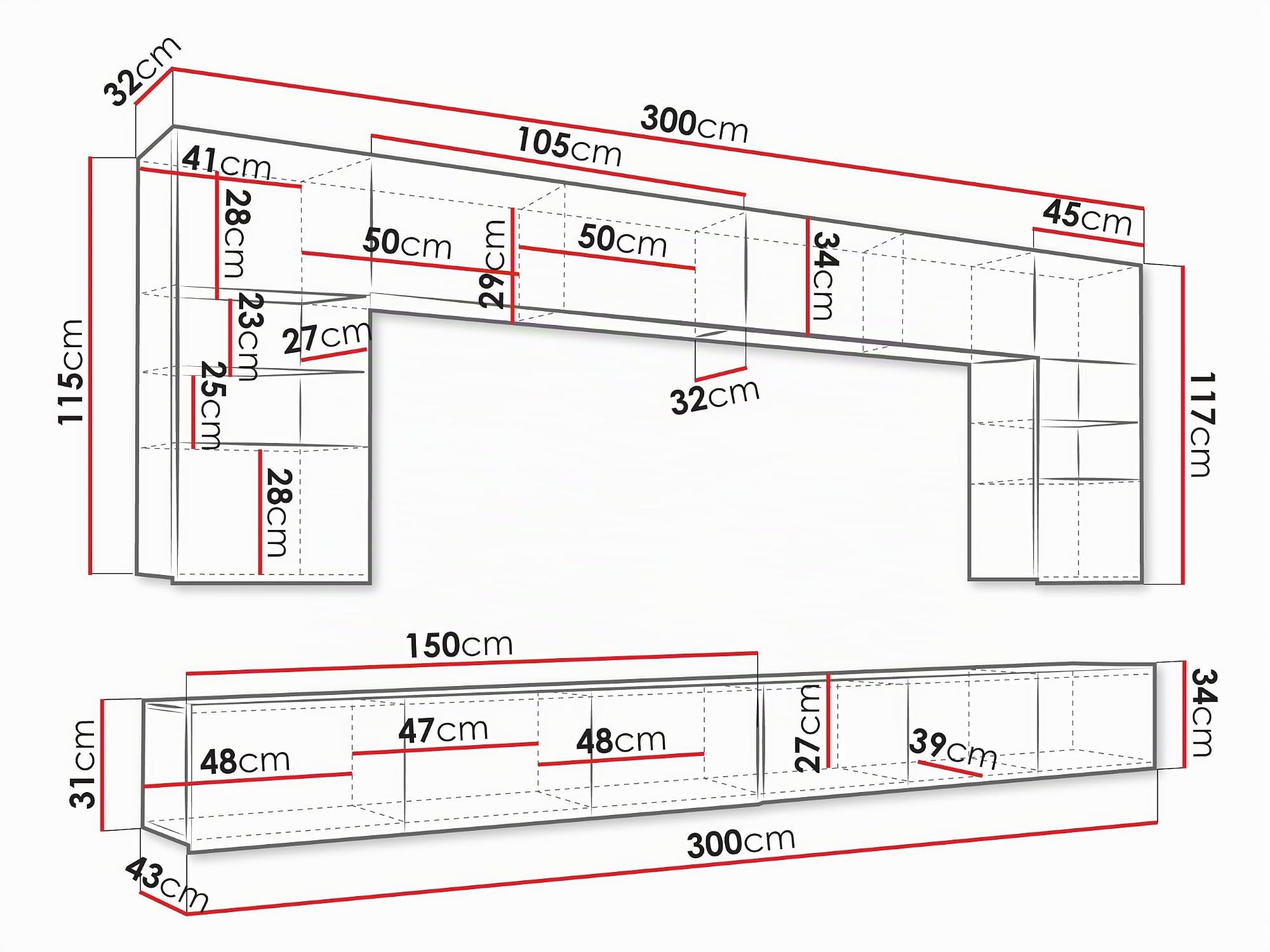 Mirjan24 Moderne Wohnwand Calabrini I, Anbauwand, Mediawand, Hängevitrine, TV Lowboard, Wandregal, Wohnzimmerschrank, Fernsehschrank (mit weißer LED Beleuchtung, Cashmere)