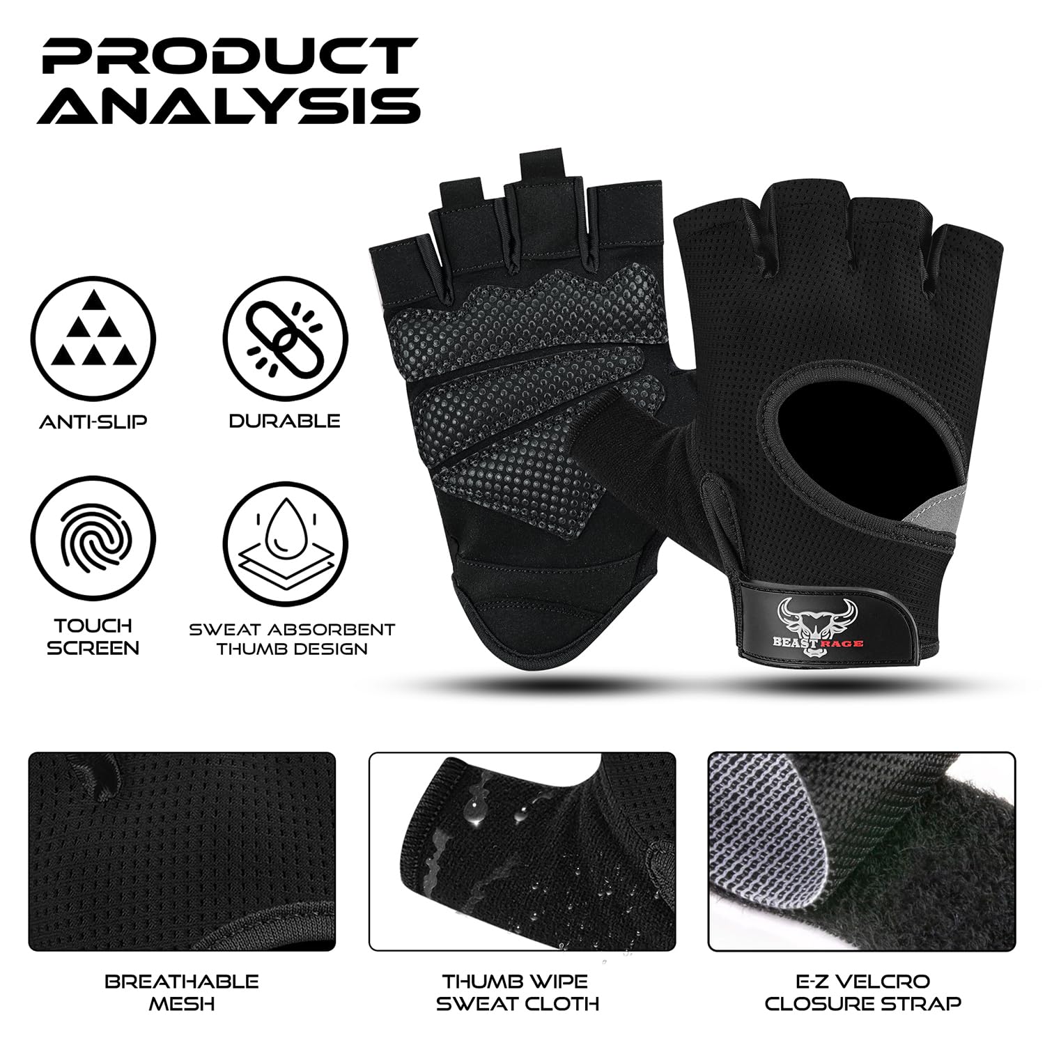 BEAST RAGE Gants d'haltérophilie pour Hommes et Femmes,Gants de Gymnastique pour Crossfit,Respirants,antidérapants,Paume rembourrée en Silicone,Gants d'entraînement pour l'haltérophilie