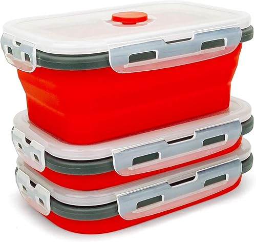 Miniatura 8 de CARTINTS Juego de 3 recipientes plegables de silicona para almacenamiento de alimentos, recipientes de silicona con tapas herméticas, aptos para