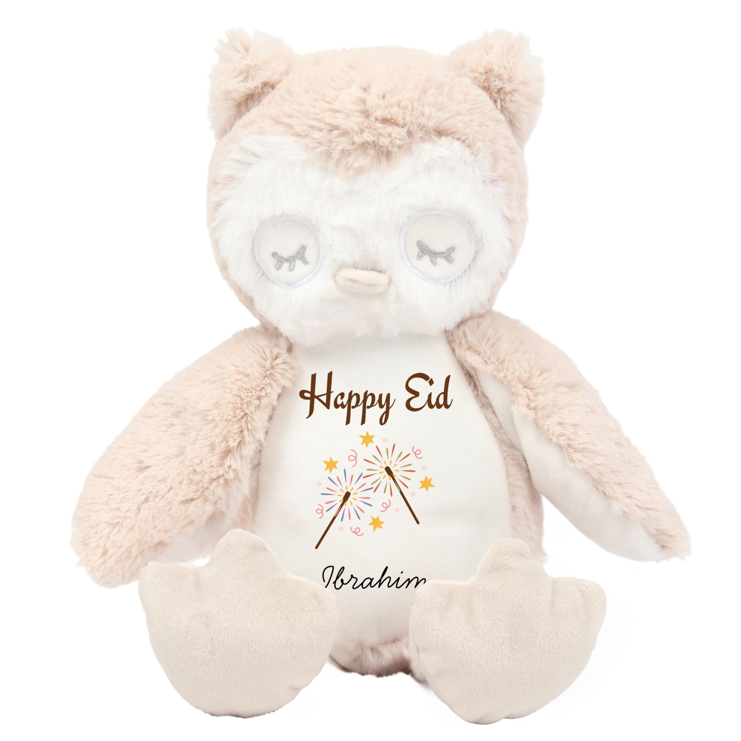 HotScamp Eid Gift Cuddly Toy - Personalised Happy Eid Mubarak Firework Customised Teddy Kids Plush Named Ramadan My First Muslim Islamic Baby Child Soft Plushie - Brown Owl
