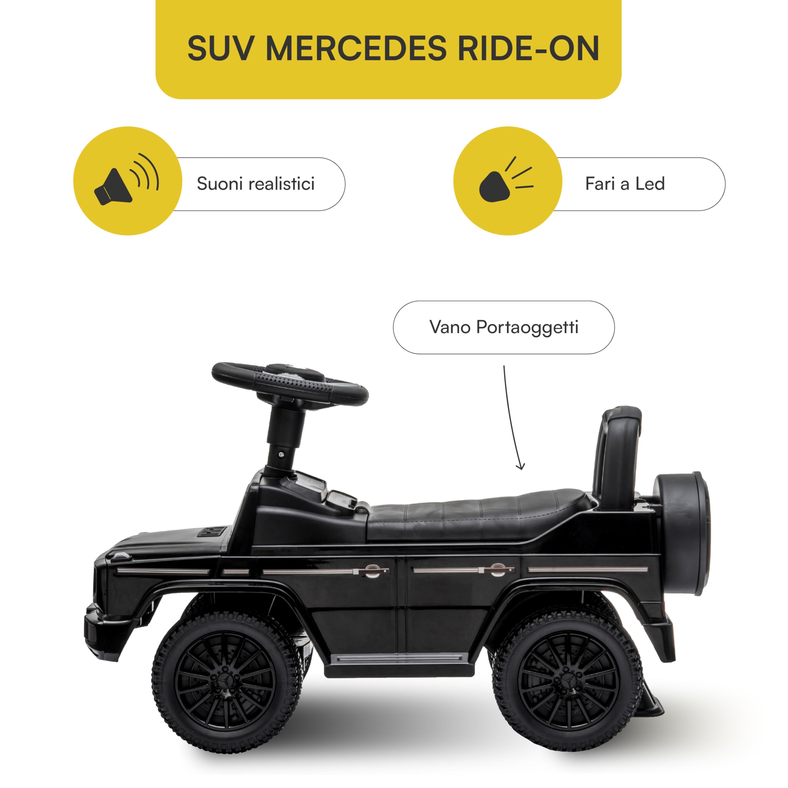 Baroni Toys Suv Mercedes Ride-On Macchinina Spingi e Vai per Bambini 1-4 Anni, Fari LED, Suoni Realistici, Ruote Antiscivolo, Vano Portaoggetti, 69.5x29x43 cm Nera
