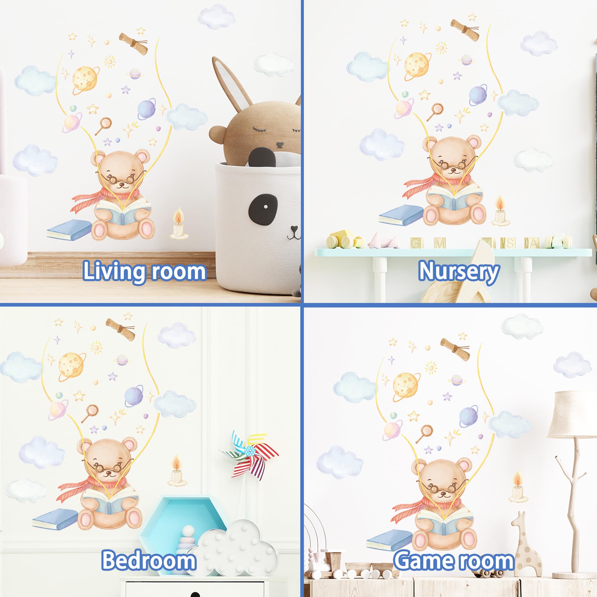 Adesivi Murali Per Cameretta Bambini - Orso, Nuvole, Stelle E Luna, Decorazione Colorata E Rimovibile