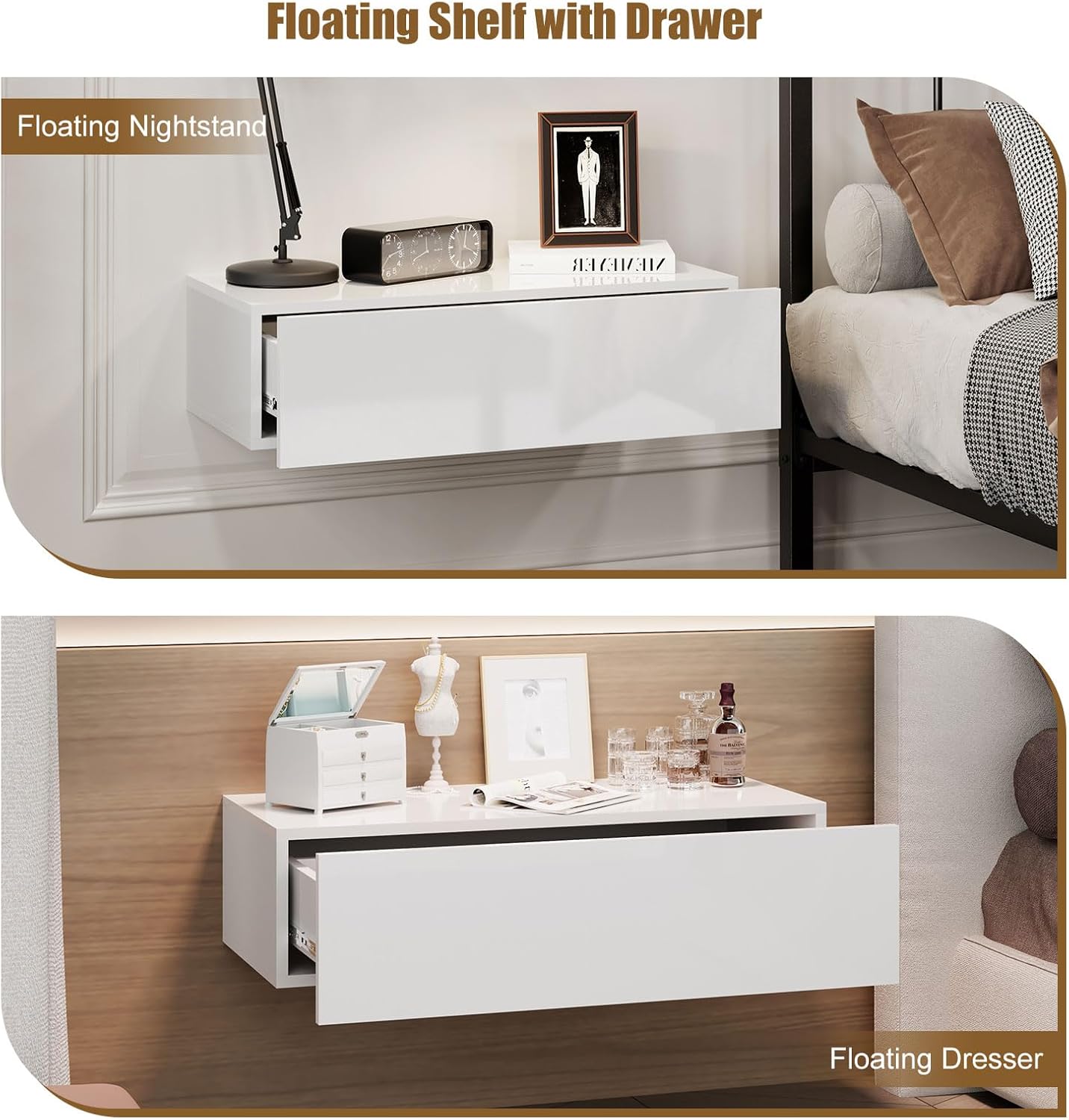 HedoAjim White Modern Floating Wall Mounted Nightstand with Drawer Storage Wood Bedside Table Small Wall Shelf for Bedroom Living Room