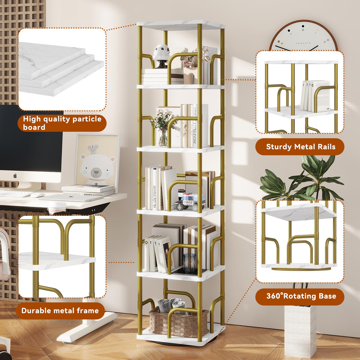 IBUYKE Librerias Girevole a 5 Ripiani,Libreria Verticale,Girevole a 360° con Display,Libreria da Pavimento,Scaffale in Piedi Multifunzionale per Camera da Letto, Soggiorno,Bianco,TBC005GW