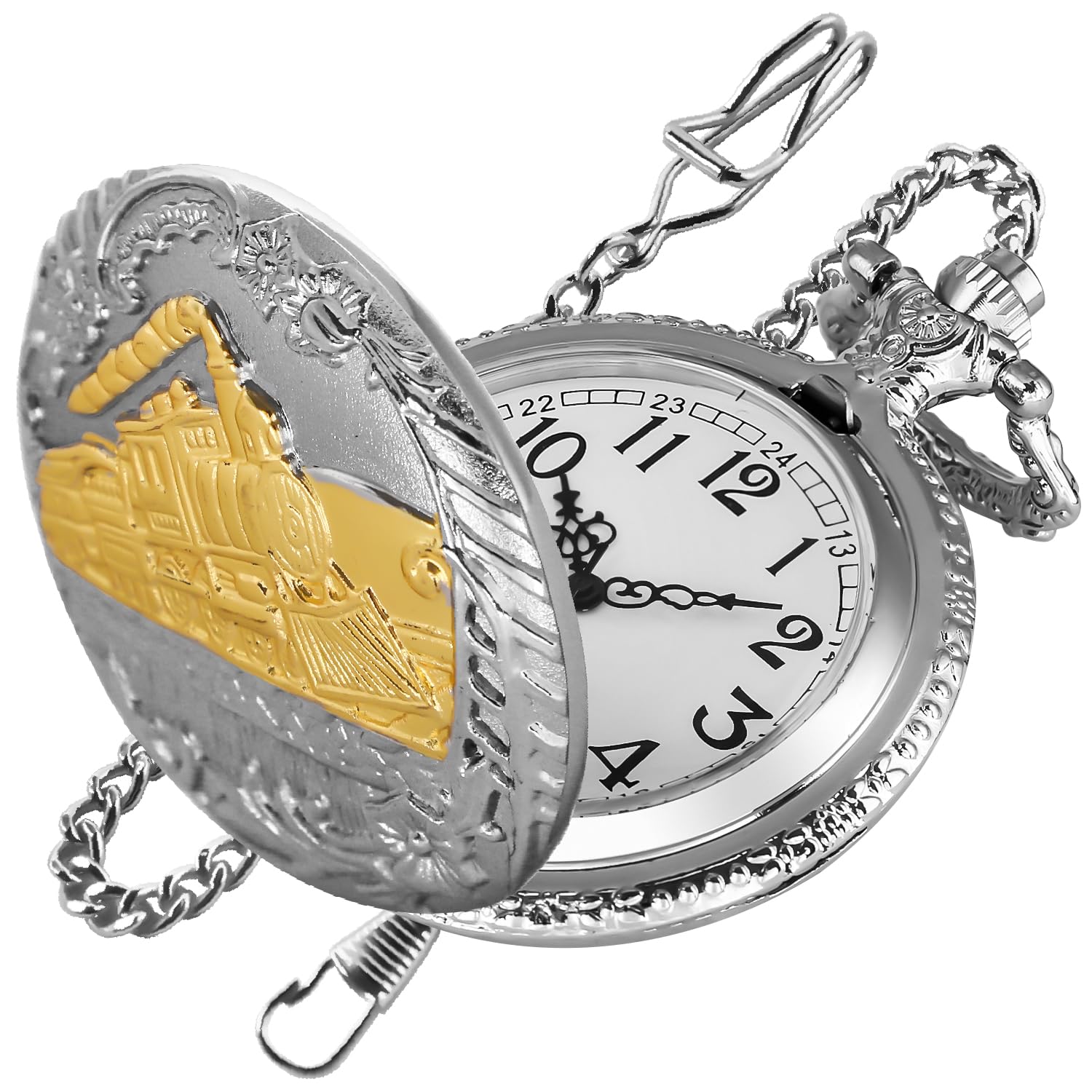 Silver Gold Right Locomotive Quartz Men's Pocket Watch, Arabic Numeral White Dial Pocket Watch with Chain