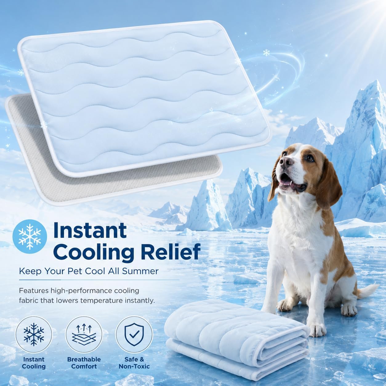 Cooling Mat for Active Dogs, Thin Breathable Cold Crate Pad, Portable Washable Kennel Pad with Non-Slip Bottom, Ice Silk Feel for Summer Overheating Relief, Blue 23"x35"