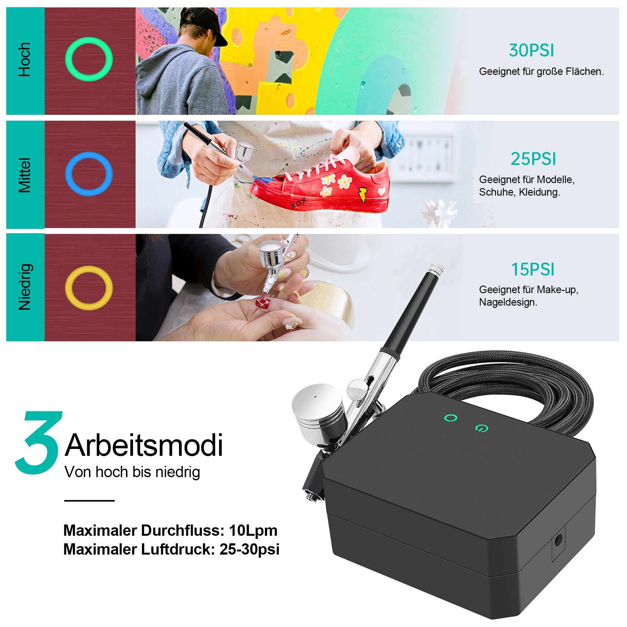 Airbrush Set Kompressor 40 PSI Dual Action 0,2/0,3/0,5 mm Düsen 15-teilig Tragbar Schwarz