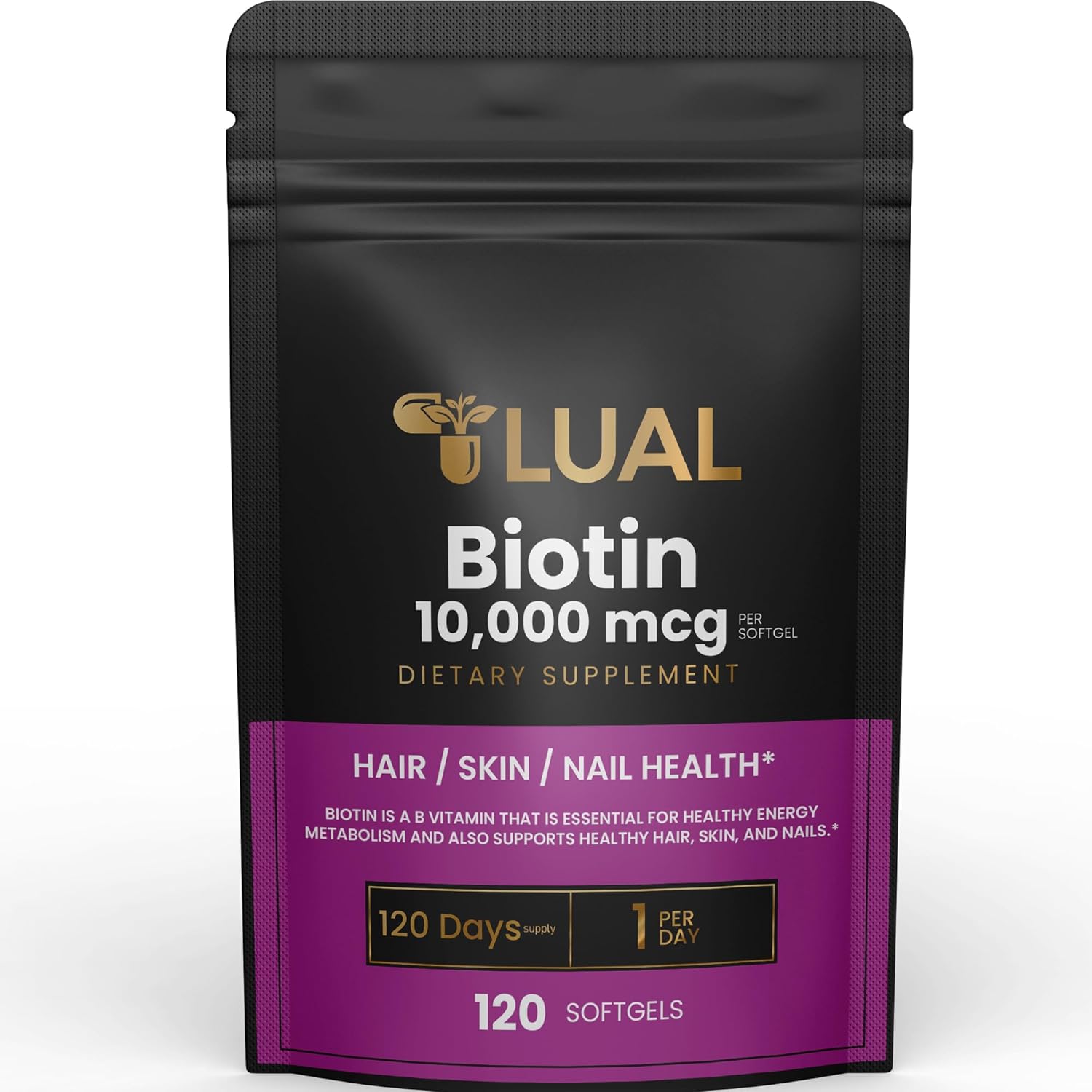LUAL Biotin 10,000 mcg Hair Skin and Nails Biotin Hair/Skin/Nail Health 10,000 mg – 120 SoftGels