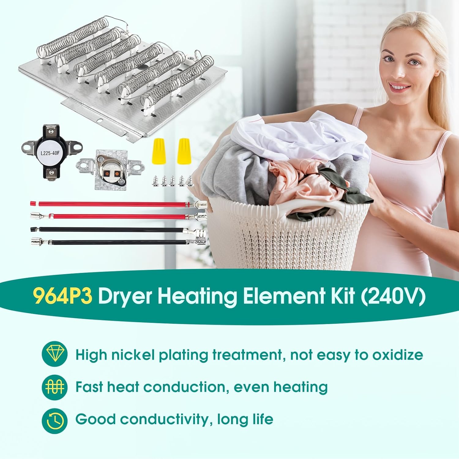 964P3 61927 Dryer Heating Element Kit for Speed ​​Queen Alliance, Replacement Parts 56047 56179 61195 503404 503978 2304695 d510329p 2304695 ADE3SRGS173TW01 ADE3LRGS171TW01 ADE30RGS171TW01 etc.