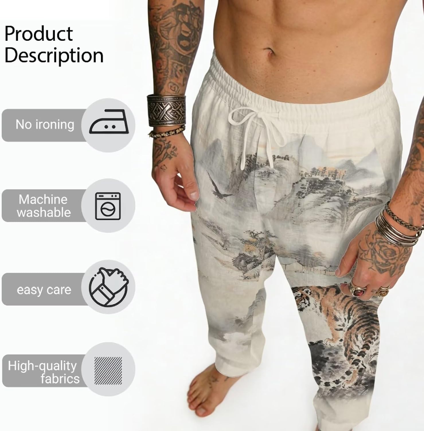 Men's Casual Pants Elastic Waist Comfy Summer Beach Long Pants Lightweight Loose Fit Trousers Plus Size S-5XL