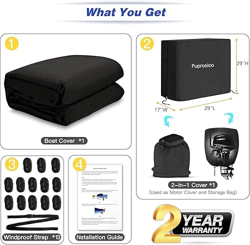 Miniatura 5 de Funda para lancha de 14 a 16 pies, 600D, impermeable, con cubierta de motor, para lanchas bajas, lanchas V-Hull, lanchas Runabout Bowrider, 14 pies