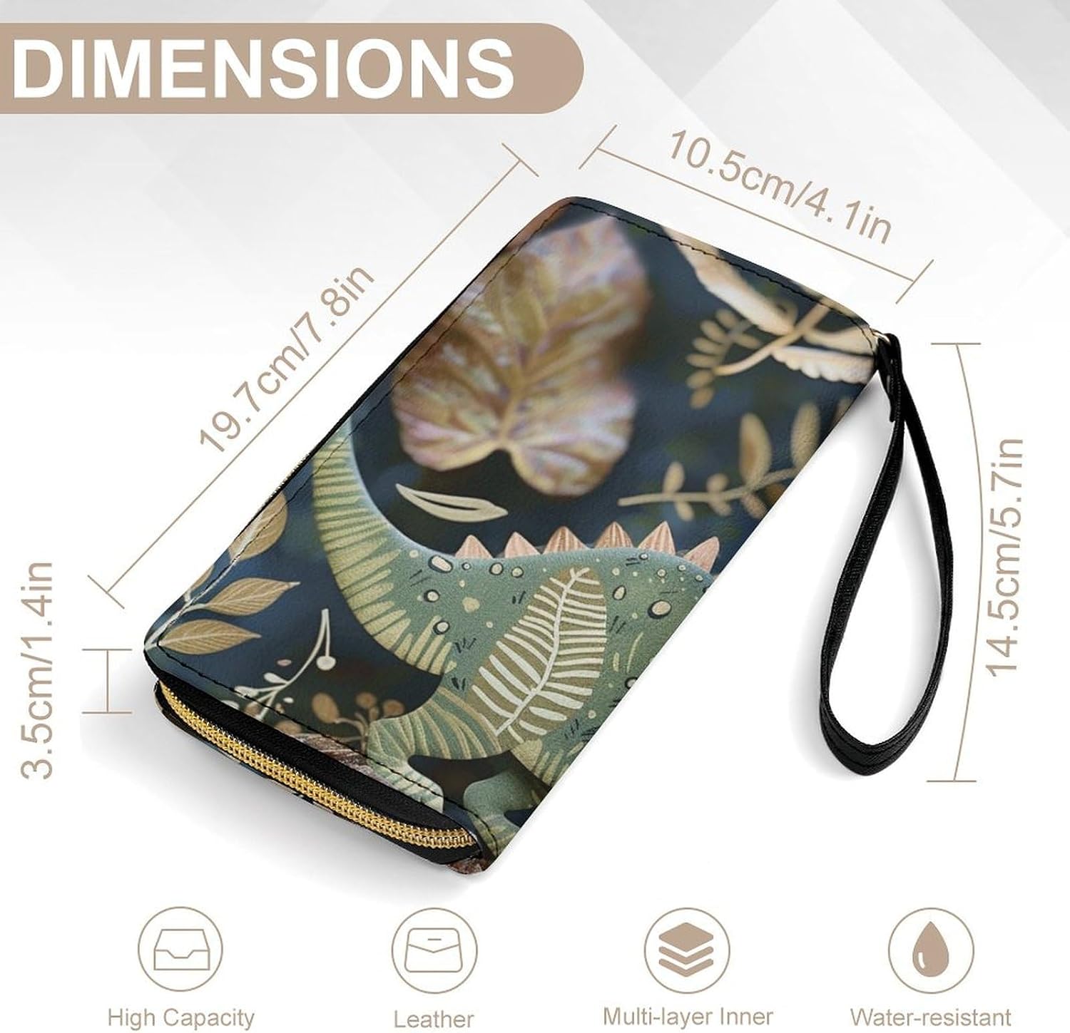 Cute Dinosaur Print PU Leather Wristlet Wallet Slim Card Holder Organizer with Zipper Coin Pocket & Cash Slots for Women Men