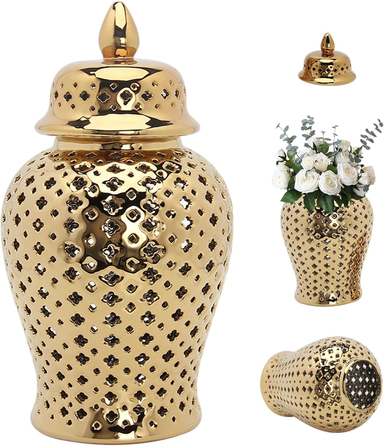 Ginger Jar with Lid Lattice Ceramic Hollow Decorative Gold Ginger Jar Minimalist Ginger Jars for Home Decor Vase Living Room TV Stand 5.9x11inch
