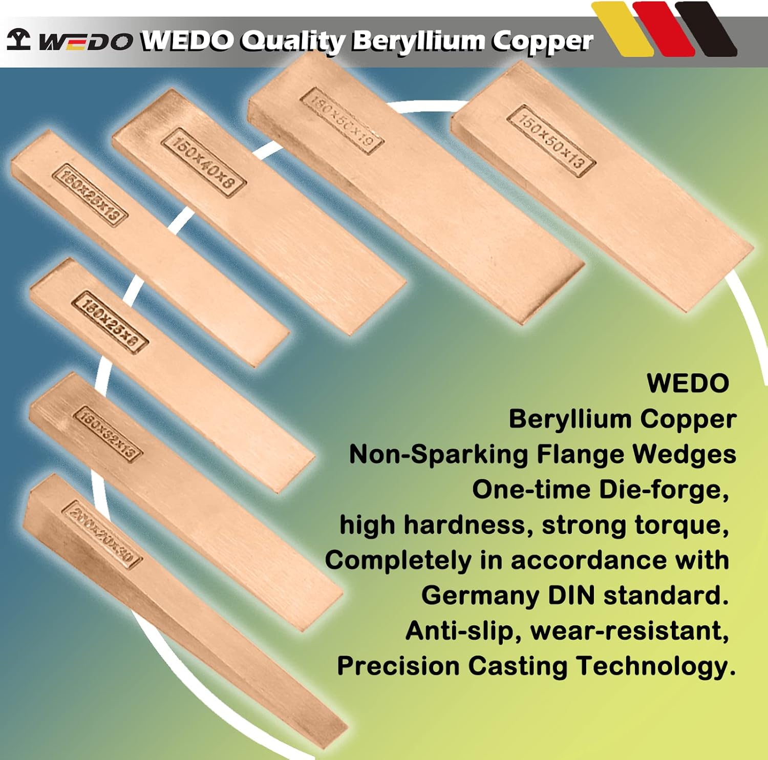 WEDO Non-Sparking Flange Wedge, Spark-free Safety Flange Wedge, Non-Magnetic, Die-Forge, Corrosion Resistant, DIN Standard, Beryllium Copper, 19mmx50mmx180mm