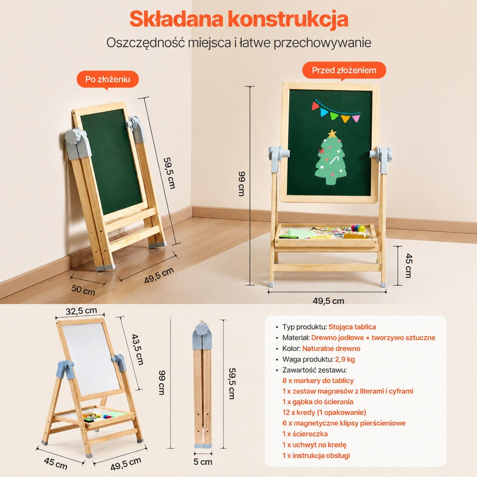 Sztaluga artystyczna 2 w 1, tablica kredowa i suchościeralna, drewniana rama, akcesoria do rysowania
