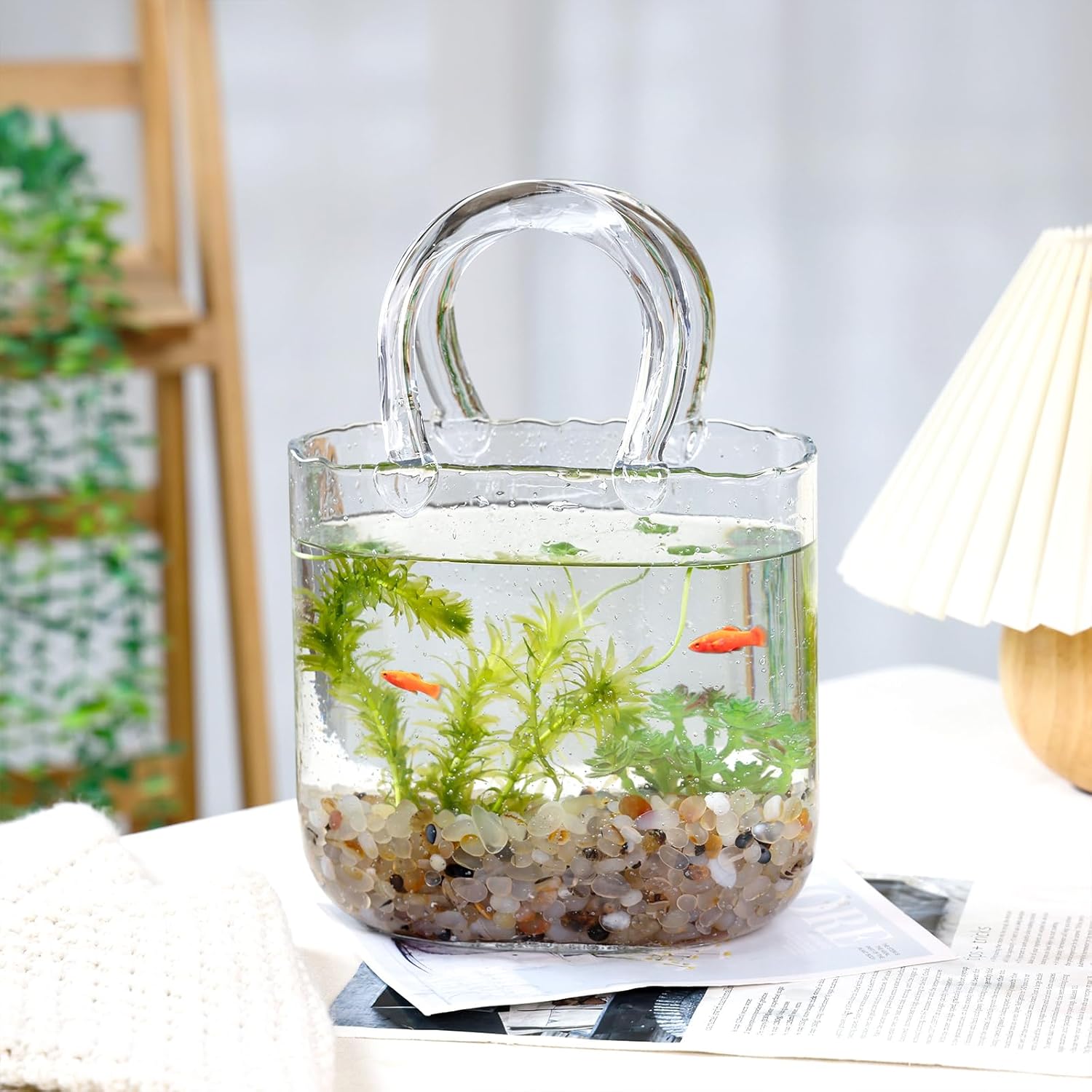Fixwal Glass Purse Vase for Flowers, Clear Bag Vases with Handle, Unique Cute Handbag Shape Decorative Flower Vases with Fish Bowl for Centerpieces Home Table Shelf Decor Birthday