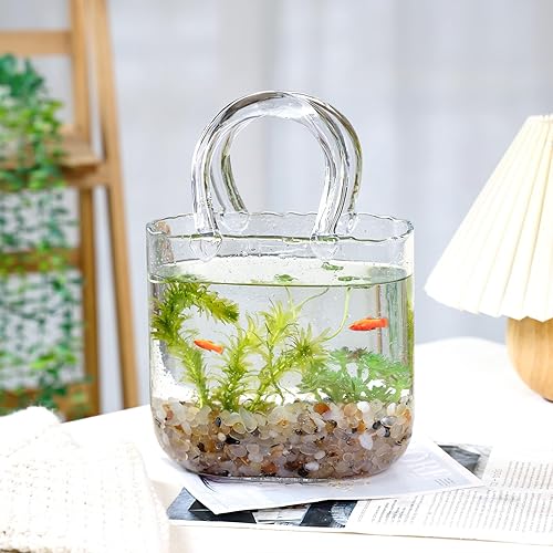 Miniatura 7 de Fixwal Florero de cristal para flores, florero transparente con asa y burbujas, 7.7 x 7.3 pulgadas, forma de bolsopecera, jarrones decorativos para
