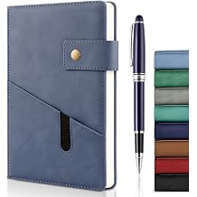 A5 Leather Journal Notebook with Pen, 200 Pages Hardcover Journal with Pocket, 100gsm Thick Lined Paper Daily Diary for Men and Women, Great Gift for Business School Travel Personal - Blue