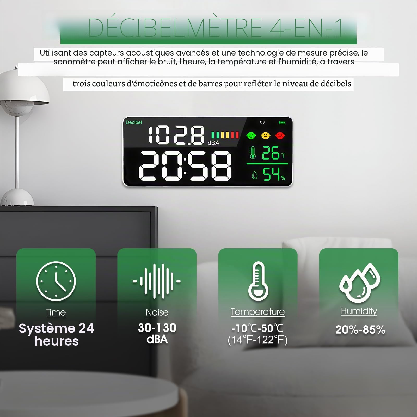 Sonomètre Décibel, écran LED, sonomètre réglage de la luminosité 30-130 dBA gamme 4 en 1, bruit, temps, température et humidité, adapté pour la maison, le bureau, etc