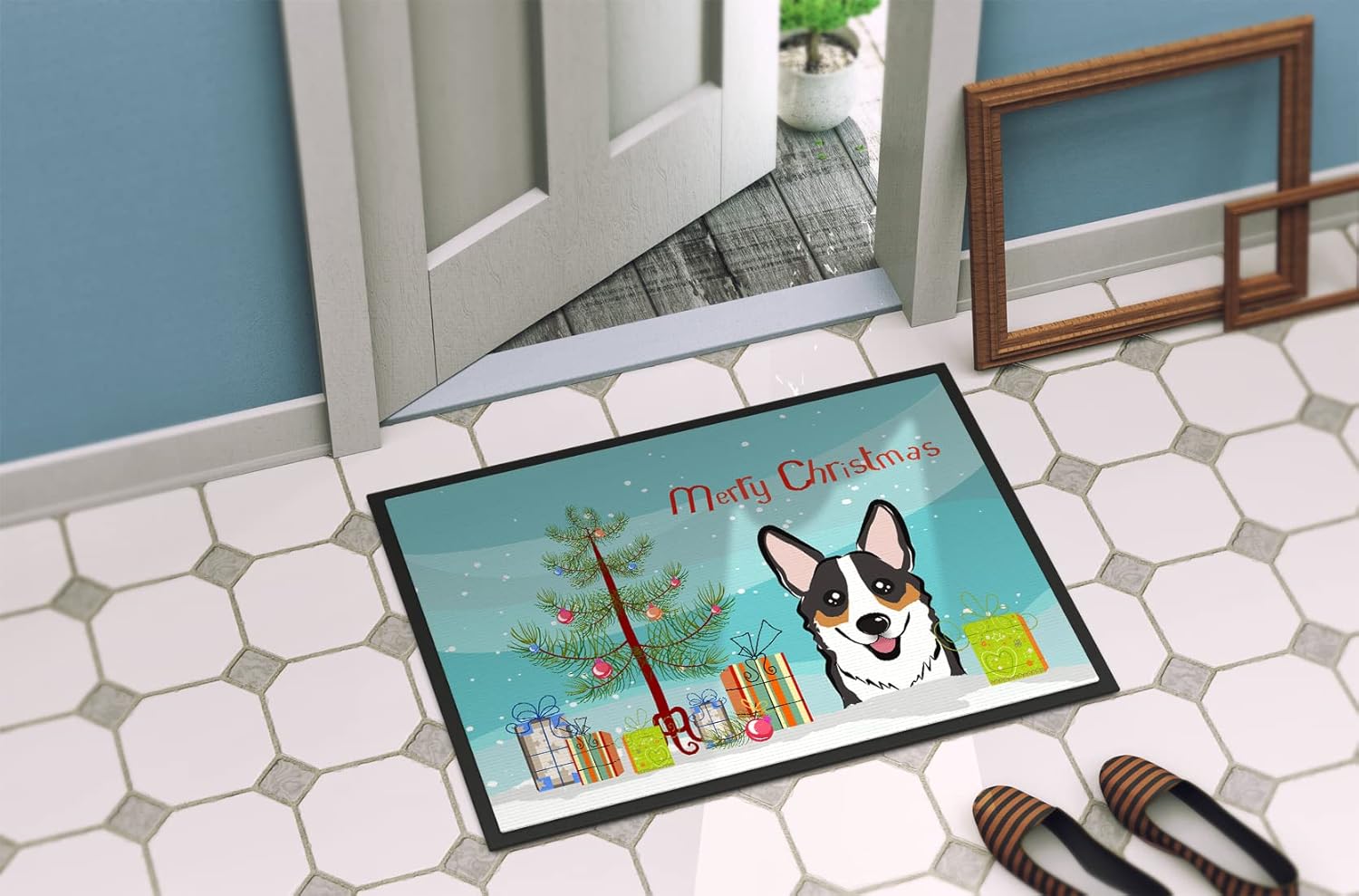 Caroline's Treasures BB1627JMAT Christmas Tree and Tricolor Corgi Doormat 24x36 Front Door Mat Indoor Outdoor Rugs for Entryway, Non Slip Washable Low Pile, 24H X 36W