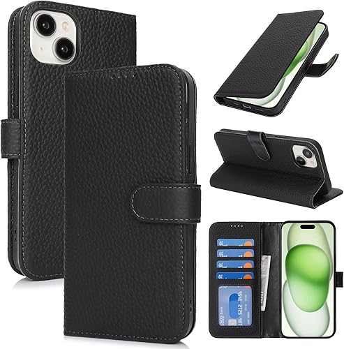 Vista 180 de Zouzt Funda para iPhone 11 de 6.1 pulgadas de piel auténtica con 4 ranuras para tarjetas, tarjetero con bloqueo RFID, tapa magnética, función atril