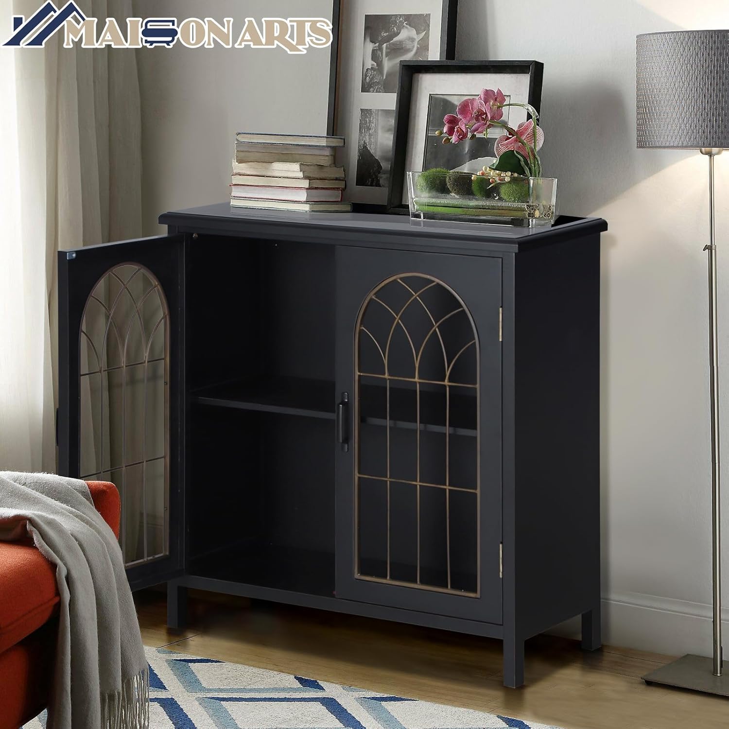 MAISON ARTS Accent Cabinet with 2 Doors, Decorative Storage Cabinets with Solid Wood Frame & Legs Small Sideboard Buffet Cabinets Entryway Living Room Cabinet, Metal Church Window