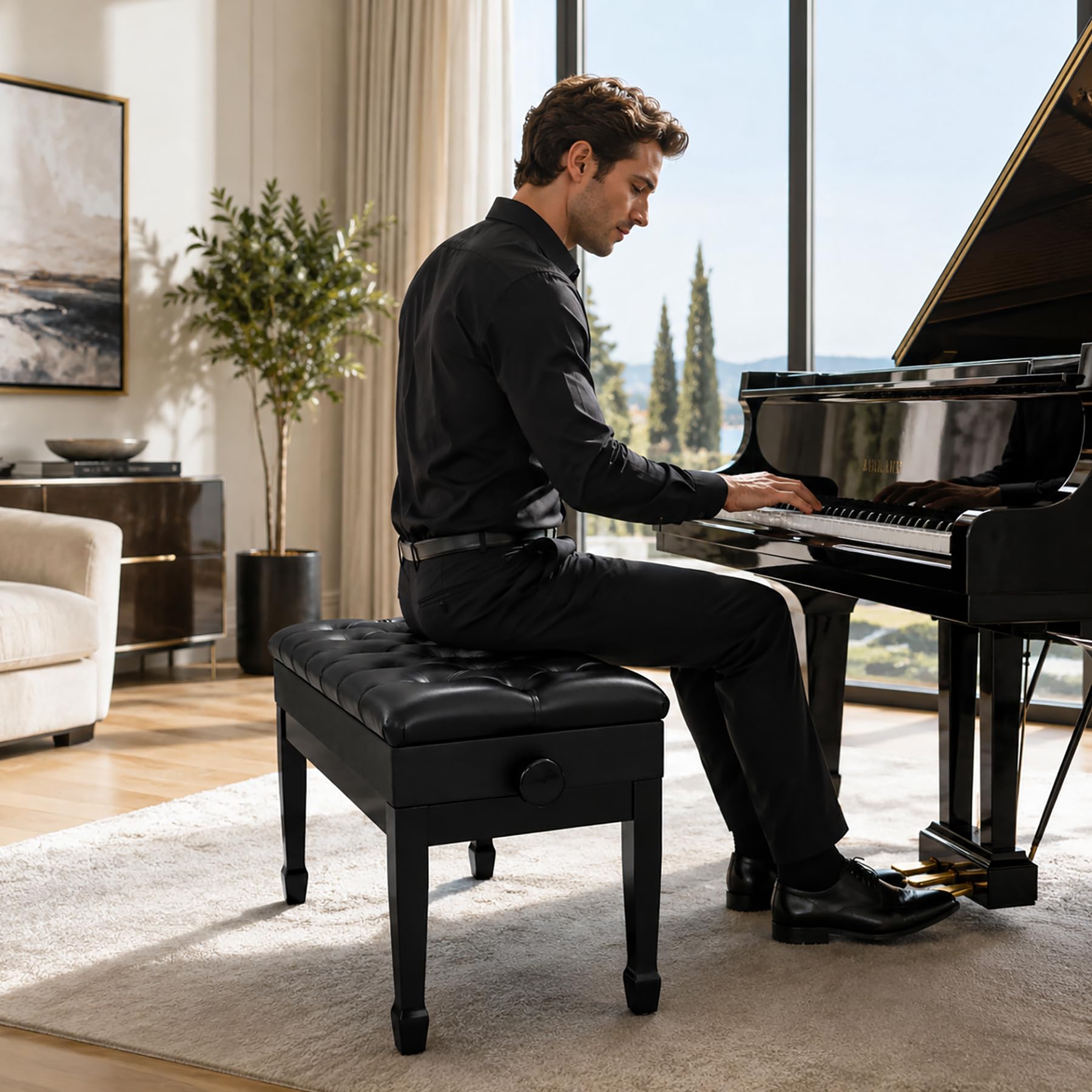 REDCAMP Grand Banc de Piano pour 2 Personnes - Hauteur réglable de 50 à 59cm - Surface d’Assise du Clavier en Bois 80 x 35 cm - Tabouret de Piano avec Coussin de Rangement en Cuir PU épaissi, Noir