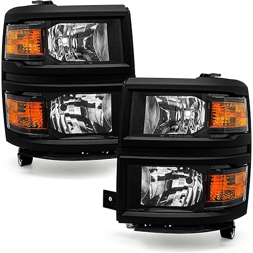 Headlight Assembly for 2014 2015 Chevy Silverado 1500 Base | High Country | LT | LTZ | WT | Standard Cab | Extended Cab | Crew Cab Black Housing with Amber Reflector LH+RH Pair