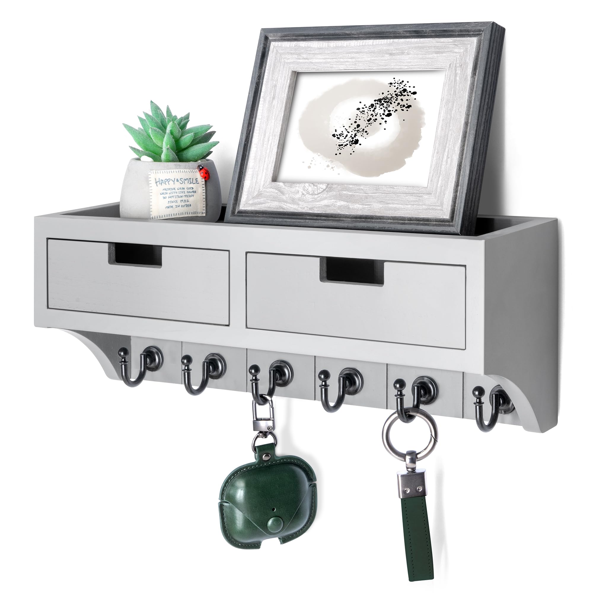 Rebee Vision Key Holder Wall Mount with 2 Drawer Organizer : Mail Organizer for Wall with 6 Key Hooks & Shelf - Stylish Apartment Essentials for Aesthetic Room Decor (Light Gray)
