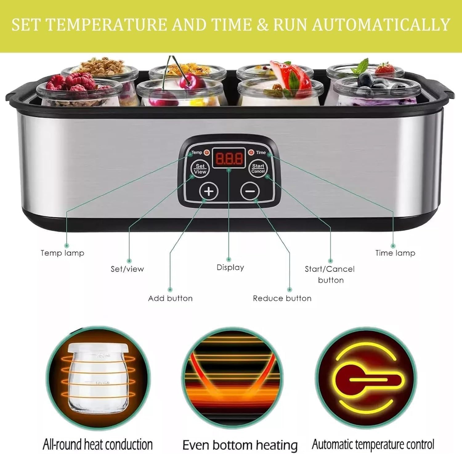 Joghurtbereiter, Automatischer Digitaler Joghurt Maker, Griechischer Joghurtmaschine mit Temperatur- und Timer, mit 9 170 ml Joghurtbechern, Perfekt für den Heim-Bio-Joghurt, BPA-frei, 40 W (Silver)