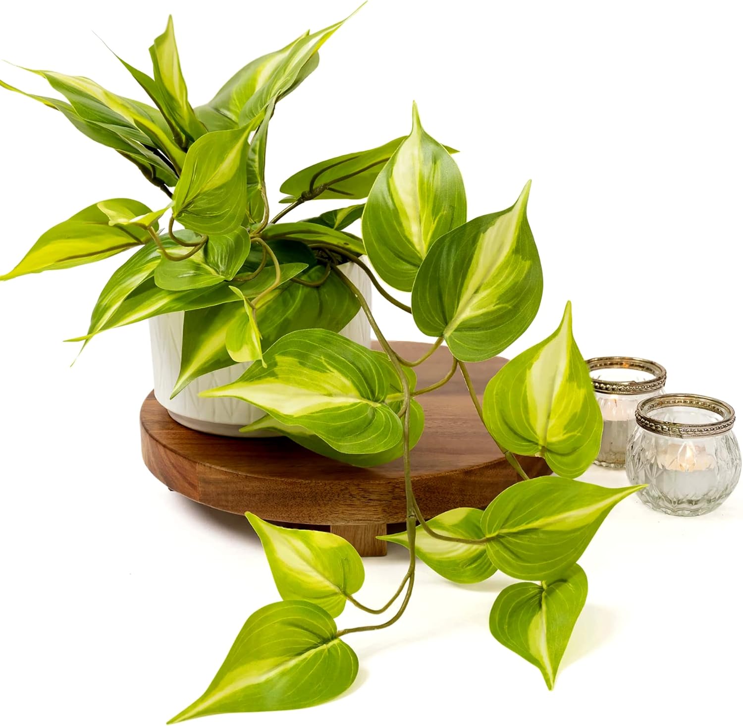 Kurrajong Farmhouse Fake pothos Plant | Fake Plant for Shelf Decor | Artificial Trailing Ivy Plant with 5" Wide Ceramic Pot | Light Green Faux pothos | Feaux Pothos