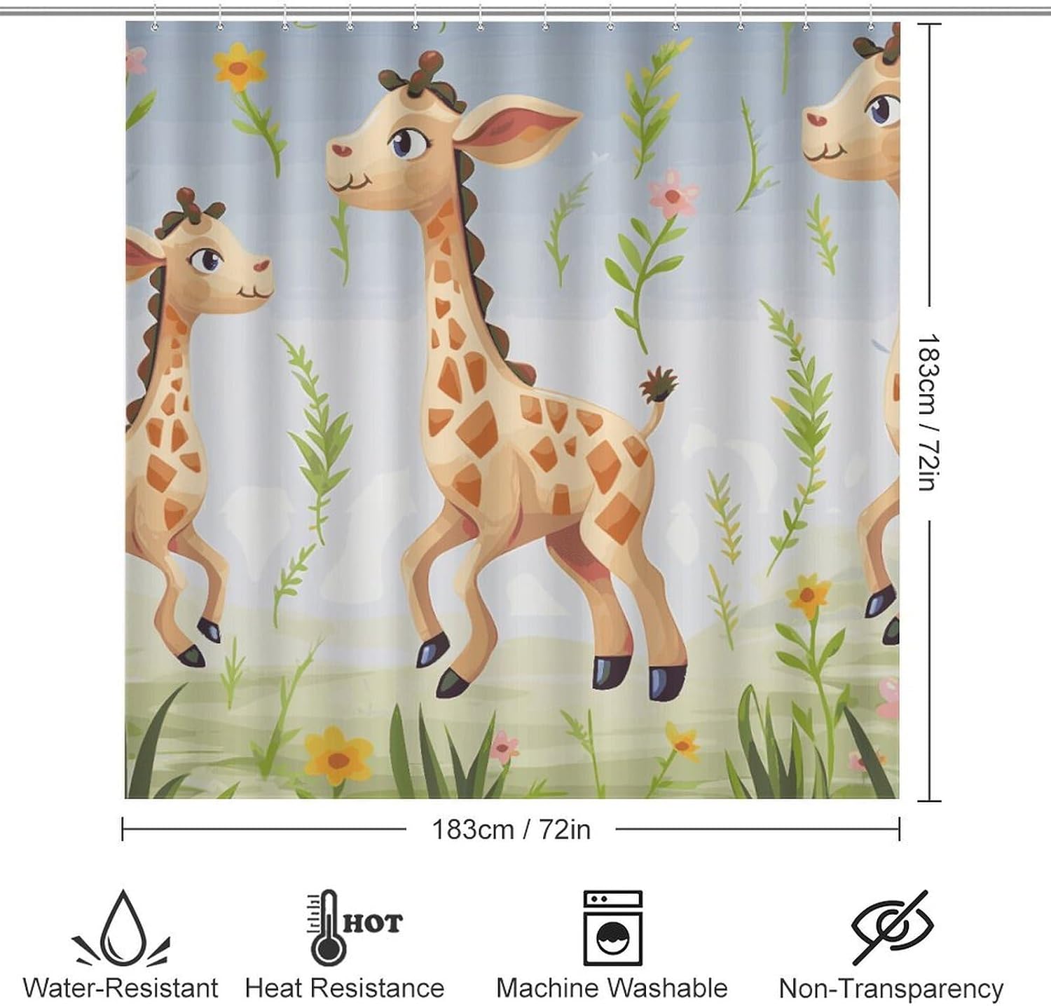 Cute Giraffe Shower Curtain Set 4 Piece, Non-Slip Bath Mat with Toilet Lid Cover and Waterproof Shower Curtain with 12 Hooks, Complete Bathroom Set for Home Decor