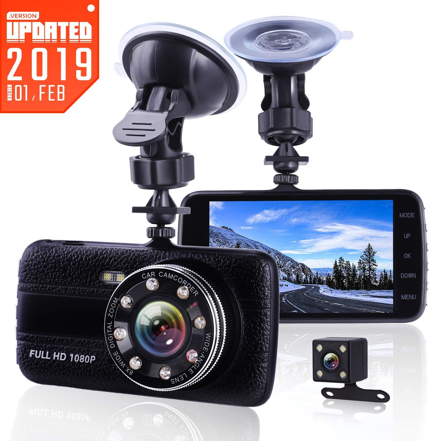 Lamoe EC013 Dash Cam Front And Rear Dual Camera,Superior Night Vision With 8 Lights Dashcams,1080P FHD Dashcam with G-sensor, Loop Recording, Motion Detection, Parking Monitoring, Black, 4inches