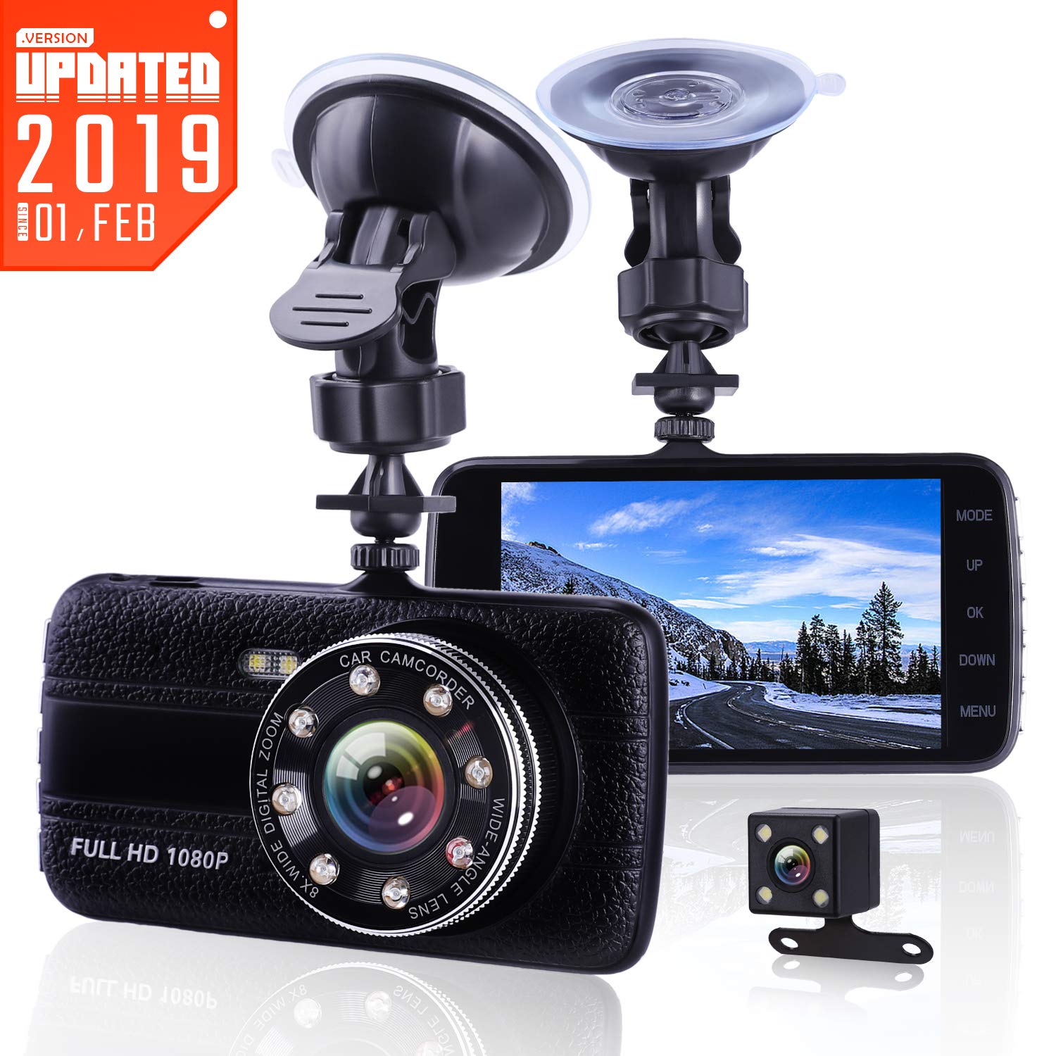 Lamoe EC013 Dash Cam Front And Rear Dual Camera,Superior Night Vision With 8 Lights Dashcams,1080P FHD Dashcam with G-sensor, Loop Recording, Motion Detection, Parking Monitoring, Black, 4inches