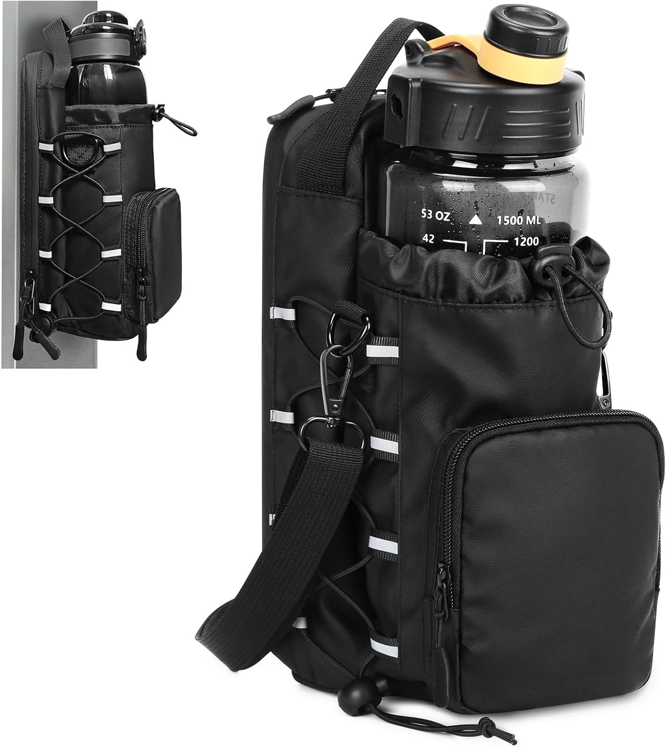 HUNTVP Magnetic Gym Bag Water Bottle Carrier Holder with Shoulder Strap & Phone Pockets, Magnetic Water Bottle Bag Pouch for Gym Fitness Essentials Accessories for Men and Women