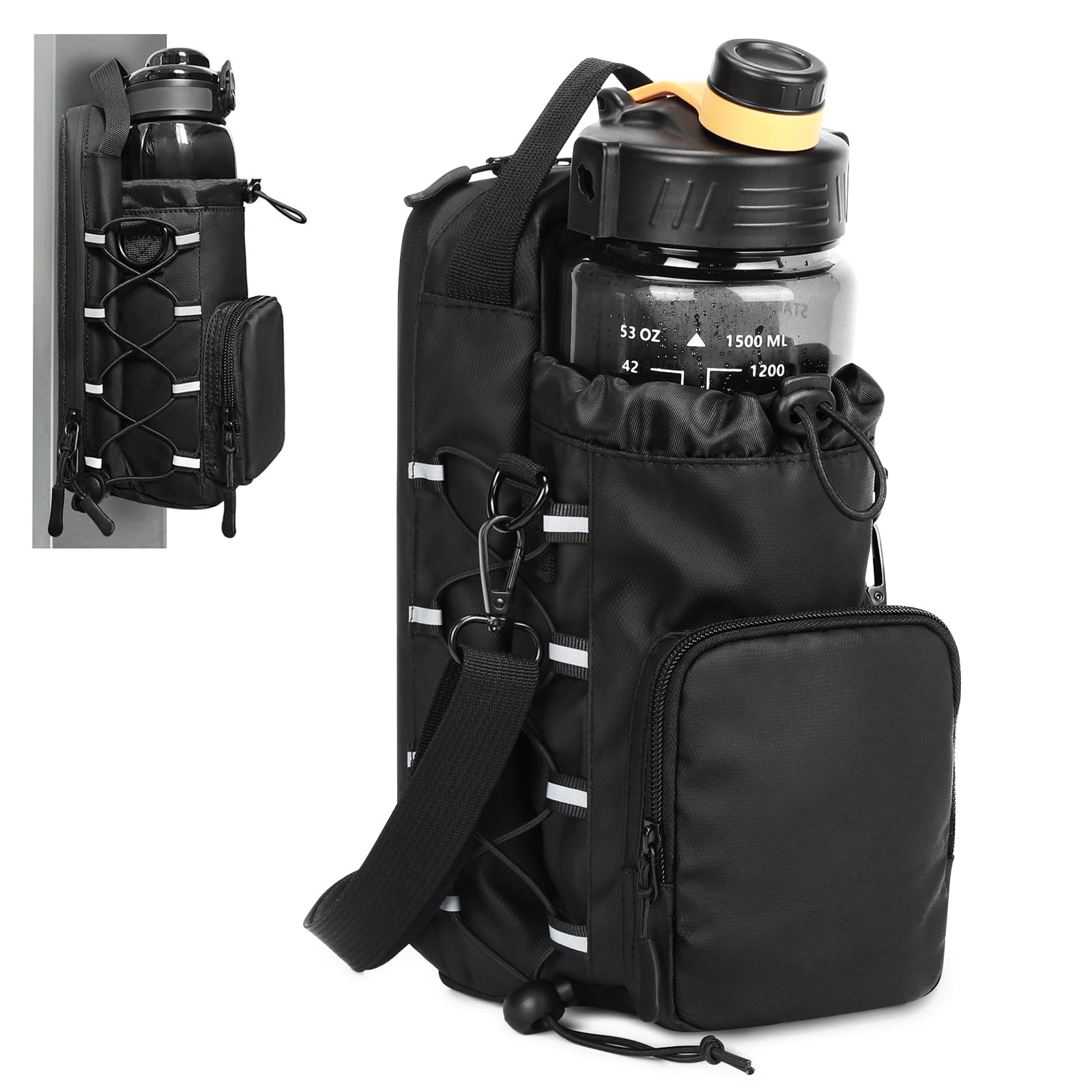 HUNTVP Magnetic Gym Bag Water Bottle Carrier Holder with Shoulder Strap & Phone Pockets, Magnetic Water Bottle Bag Pouch for Gym Fitness Essentials Accessories for Men and Women, Black, 10*15*27cm