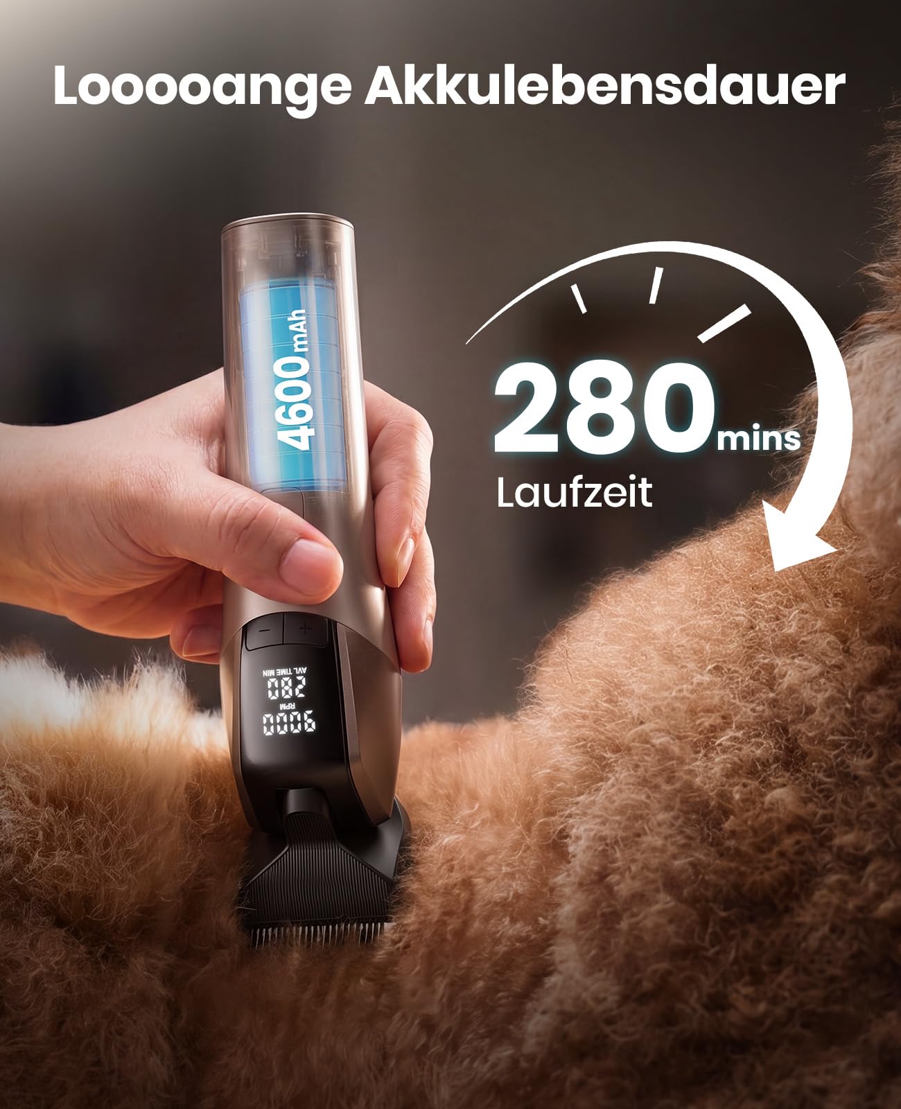 oneisall Profi Schermaschine Hund Langhaar | 9000 RPM 5-Geschwindigkeit, 5-in-1 DLC-Klinge, 280 Min Laufzeit, <50 dB leises, 8 Metall-Führungskämmen und Tragetasche