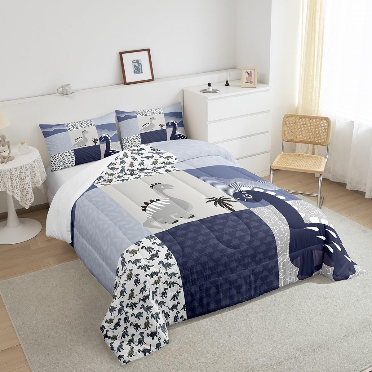 Feelyou Cute Dinosaur Comforter Set Full Geometric Bedding Set for Kids Wildlife Comforter Women Men Teens Ultra Soft Decor Navy Blue Quilt Set