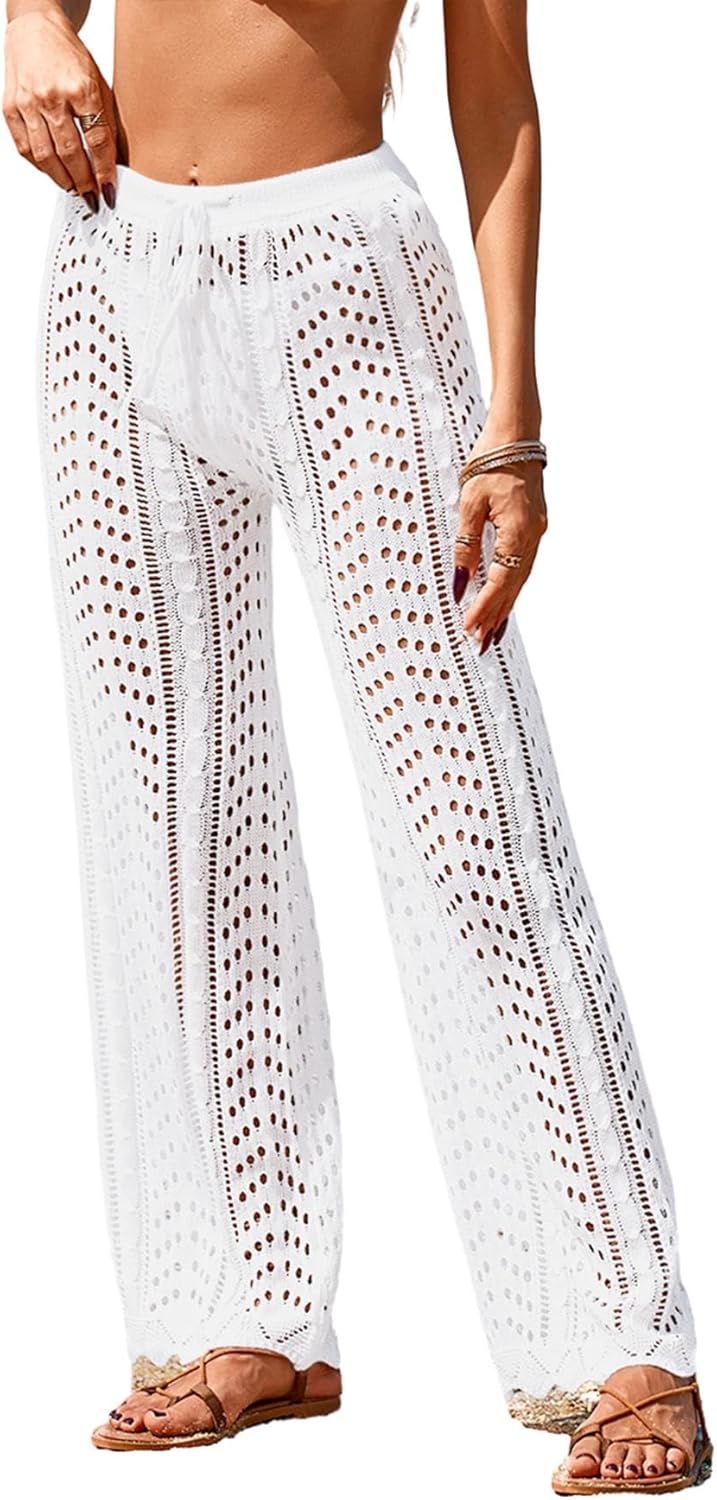BreathSunny Womens Slim Fit Crochet Knit Beach Coverup Pant Summer 2026 Trendy Elastic Waist Bathing Suit Cover Up Pants