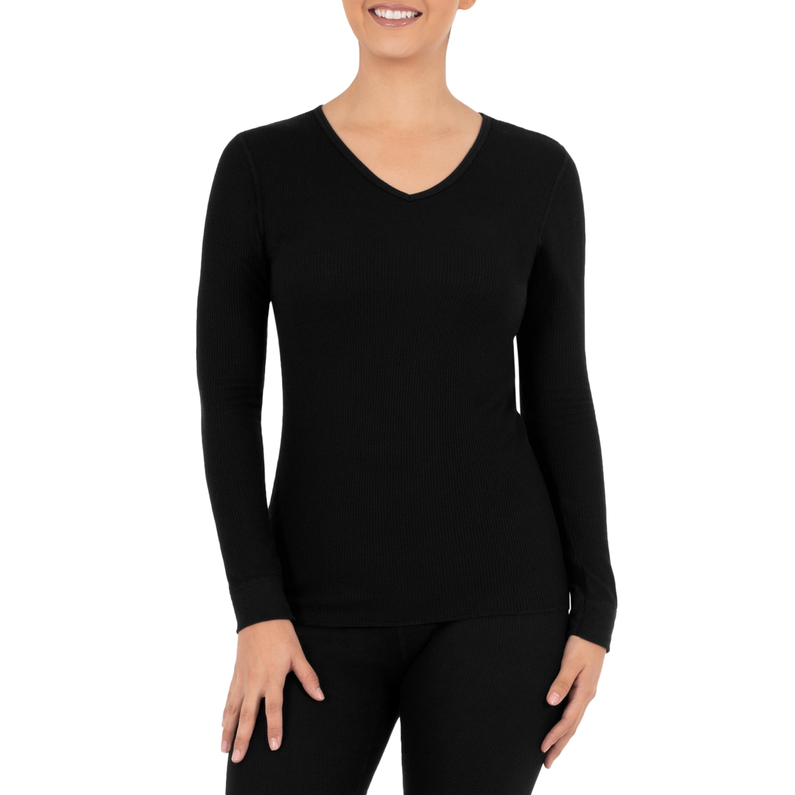 Fruit of the Loom Women's Micro Waffle Thermal V-Neck Pajama Top, Black, 6X