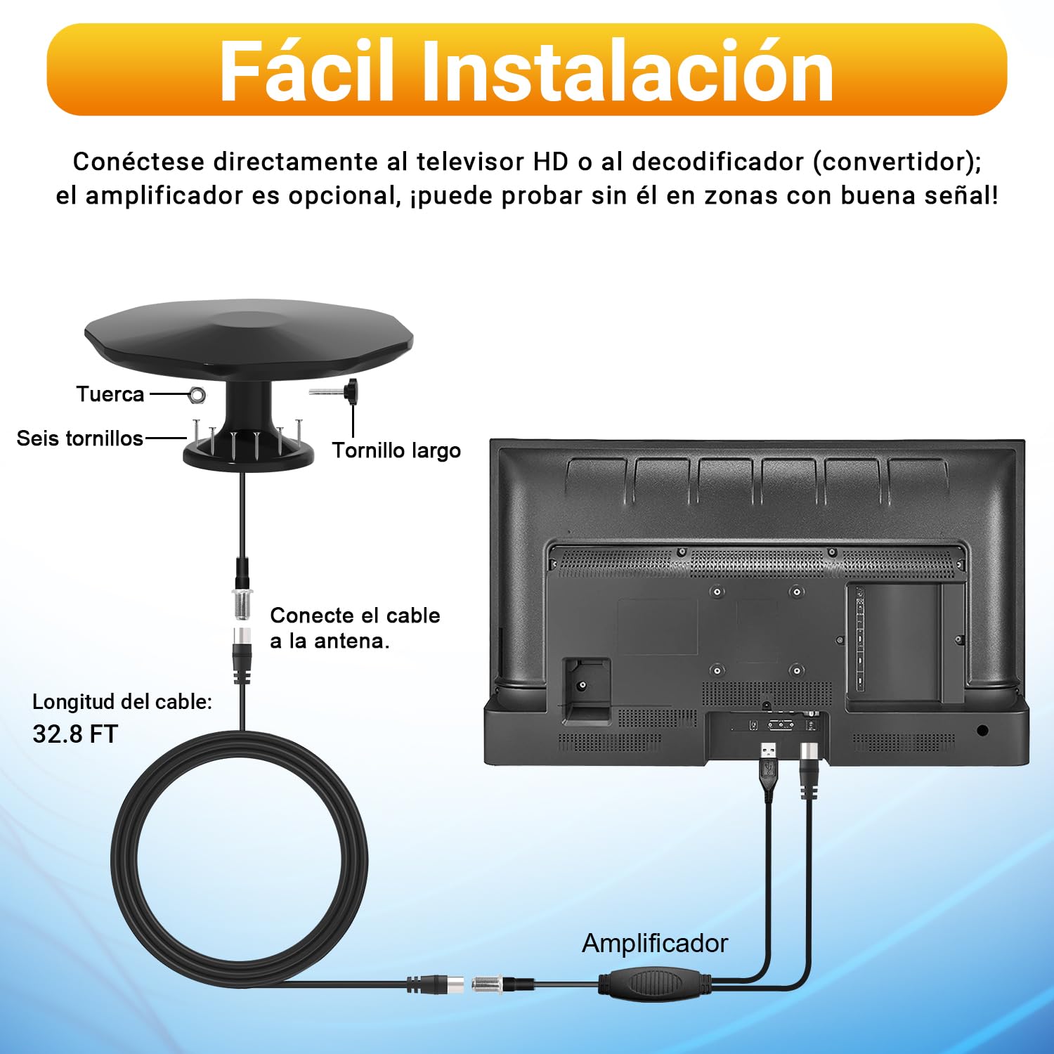 Antena TV Exterior Negra Potente TDT Digital, Antenne TV extérieure, Antenne extérieure, Compatible Antena Interior, recepción 360° omnidireccional, Canales Locales 4K 1080P, Cable coaxial 32,8ft