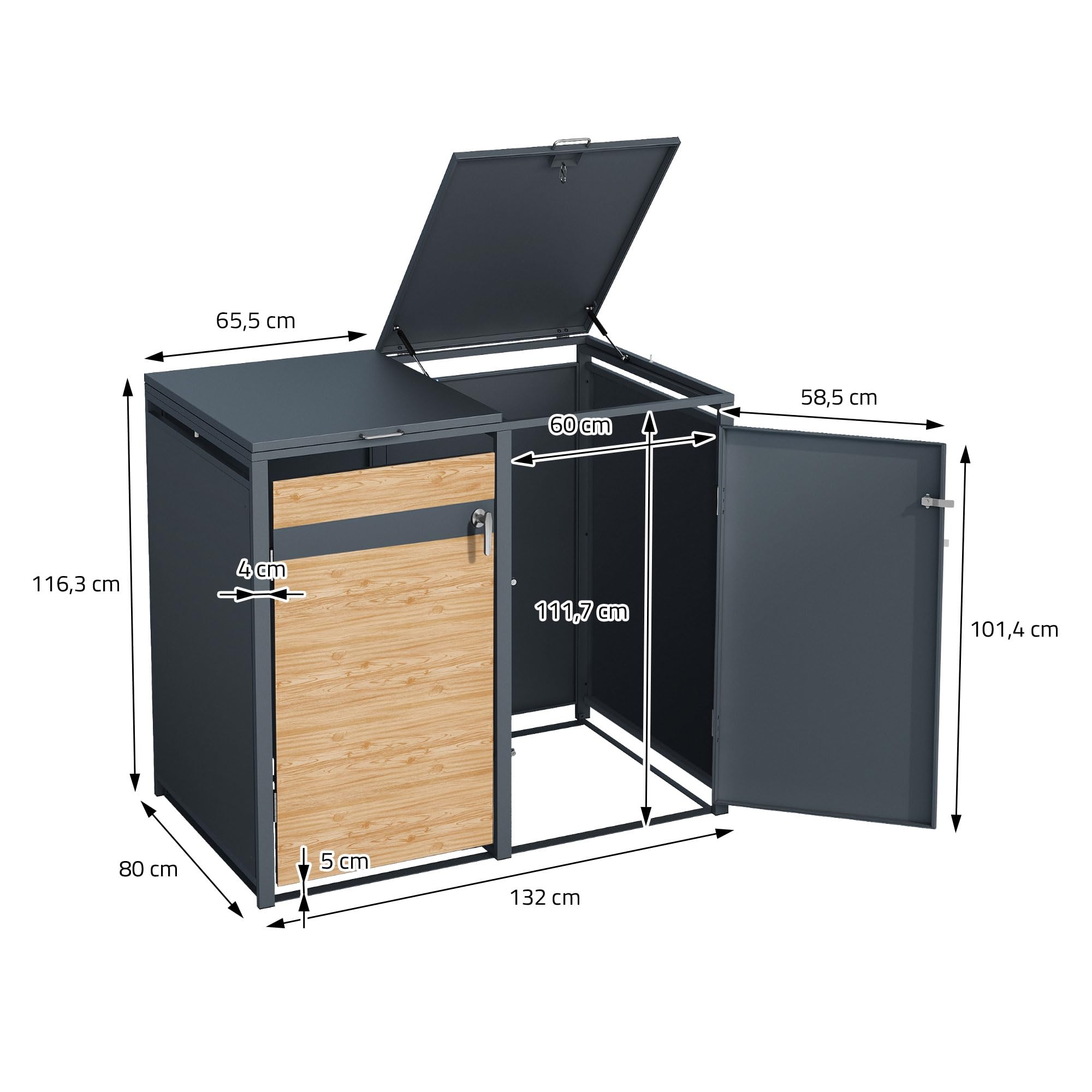 ML-Design Box pour 2 Poubelles, jusqu'à 240L,132x80x116,3 cm, en Acier, Anthracite/Aspect Mélèze, Résistant aux Intempéries, Habillage de Poubelle, Couvercle Rabattable/2 Portes, Conteneur Abri Hangar