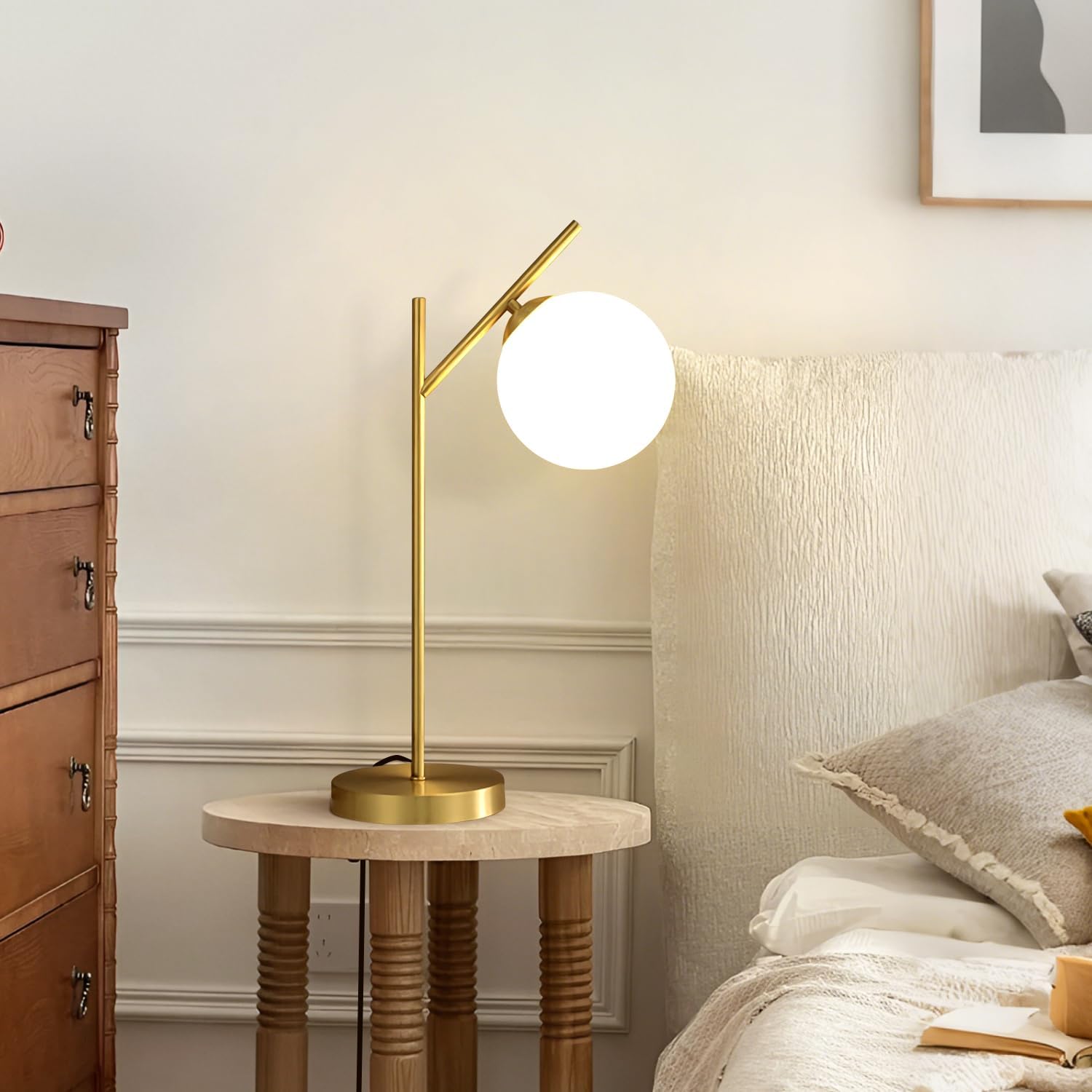 Mid Century Modern Table Lamp, 1 Light Brass Glass Globe Bedside Lamp, Contemporary Metal Table Lamp with Milky White Glass shadefor Bedroom Living Room Study Room