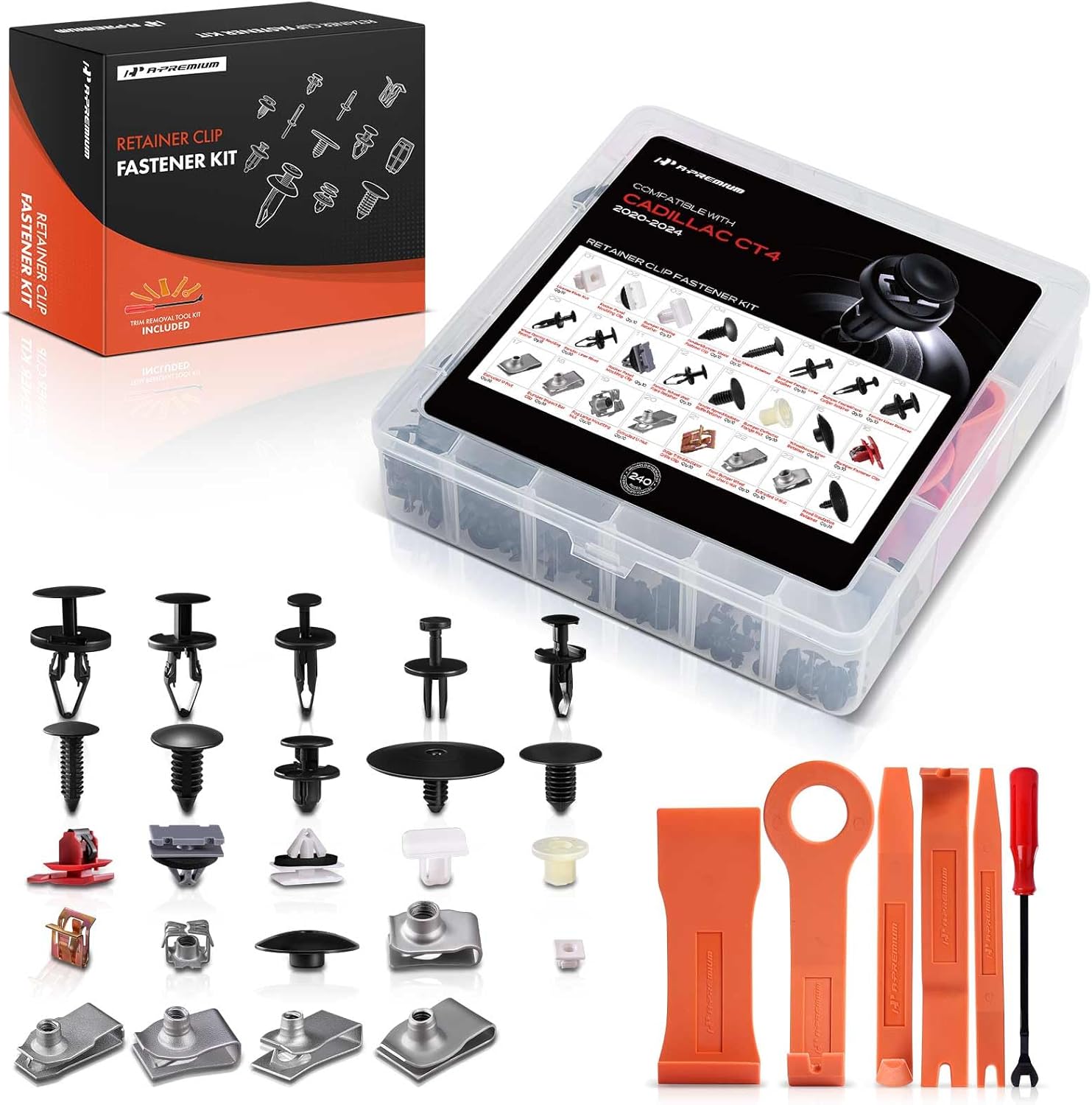 A-Premium 240PCS (24 Sizes/51 oz) Bumper Fender Retainer Clips Kit - Compatible with Cadillac CT4 2020-2024 - Hood Door Trim Panel Push Pin Plastic Nylon Rivet Fastener Set, w/Removal Tool