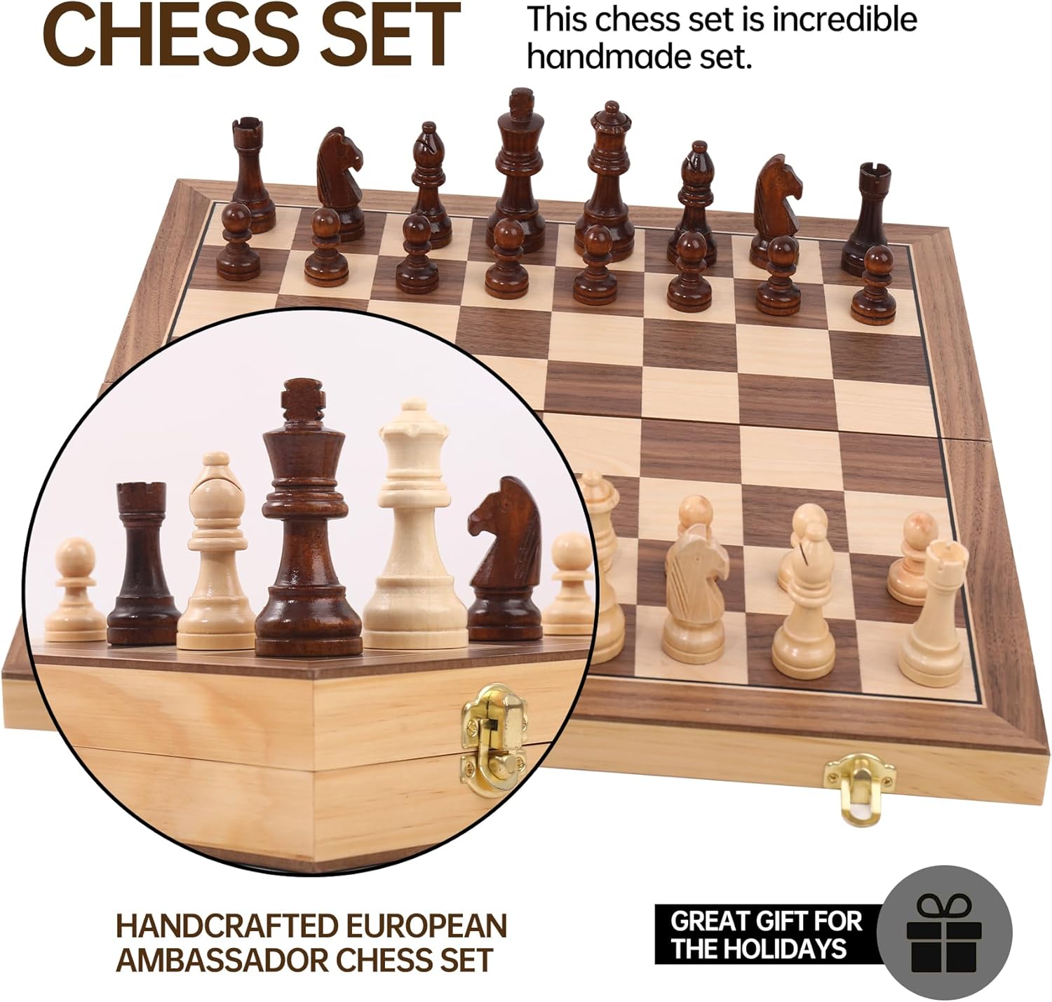 Ajedrez Magnetic Wooden Chess Set with Staunton Pieces, 15" Solid Wood Folding Chess Board with 2 Extra Queens, Internal Storage Slots for Adults Kids, Gift Box