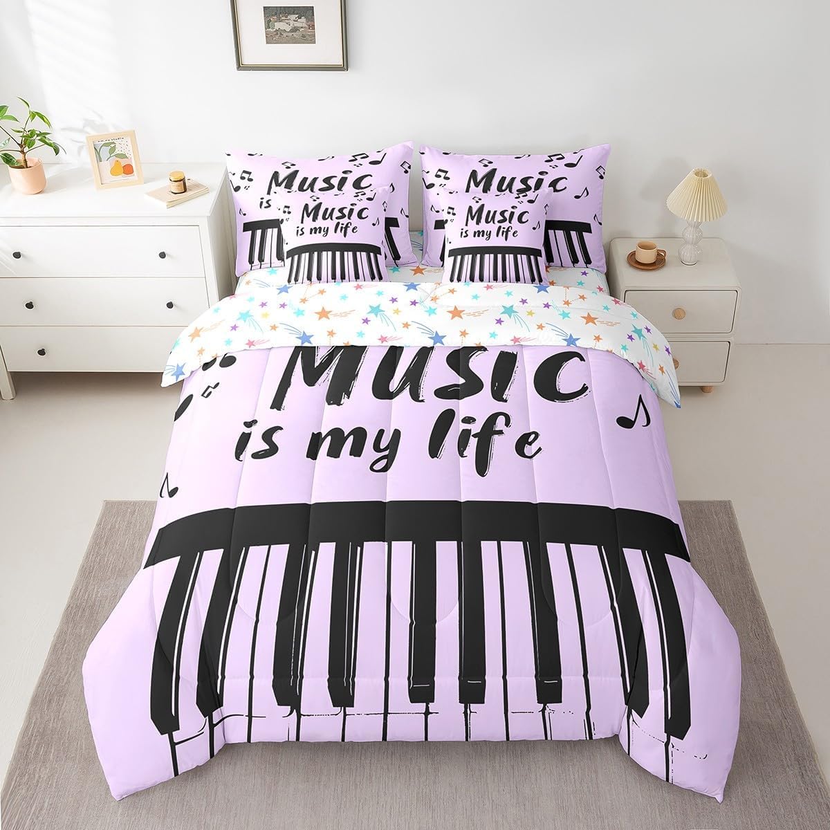 Loussiesd Musica Letto Trapuntato Strumento Musicale Piumino Letto Con Lenzuola 7 Pezzi 135x200cm(7-piece Set) Per Bambini Ragazze Ragazze Hip Hop Musica Rock