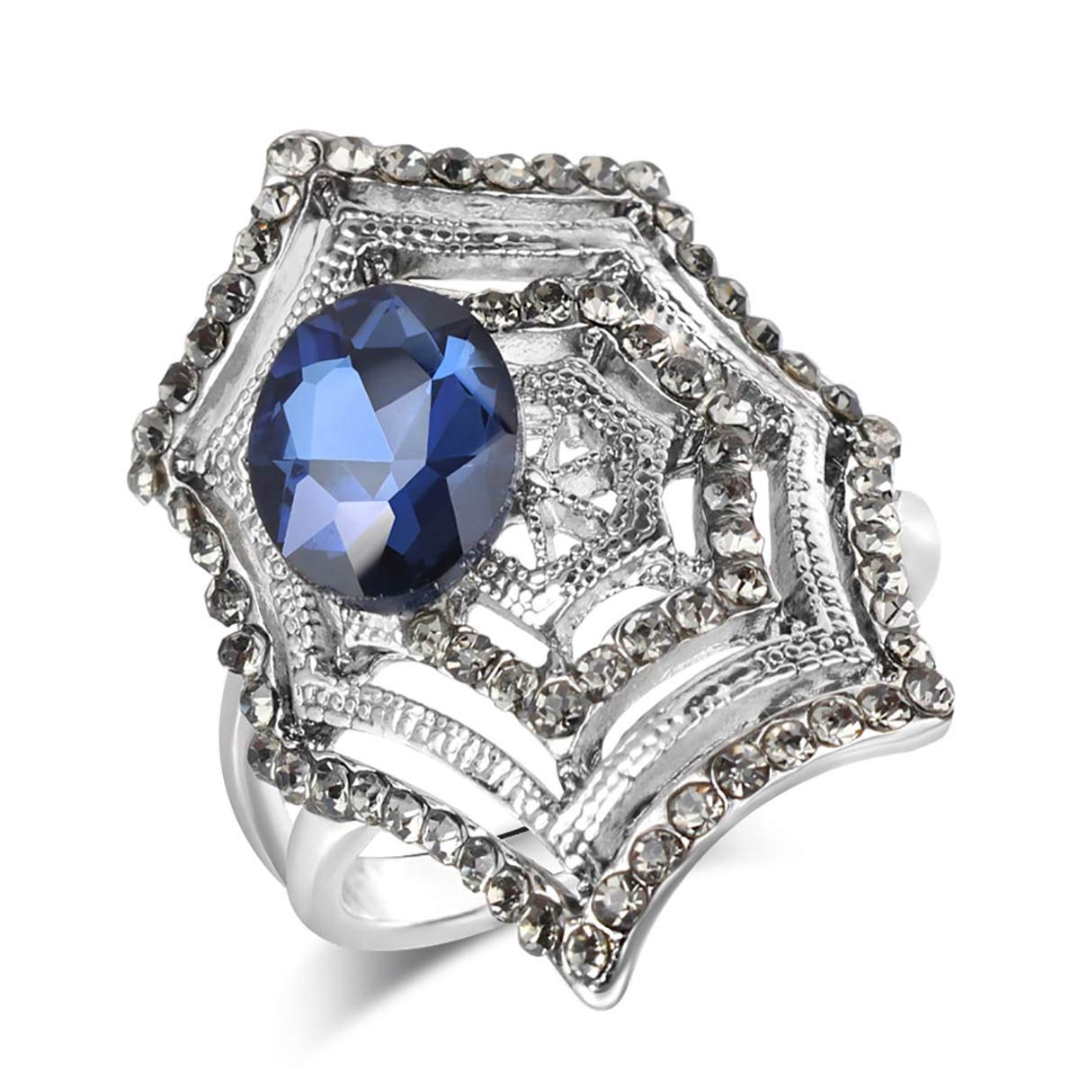 RUVEESpider Women Web Love Blue American Diamond Antique Silver Plated Alloy Ring for Women & Girls