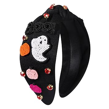 PHALIN Halloween Headband for Women Halloween Accessories Rhinestone Beaded Candy Corn Pumpkin Knotted Headband Costume Gifts BOO