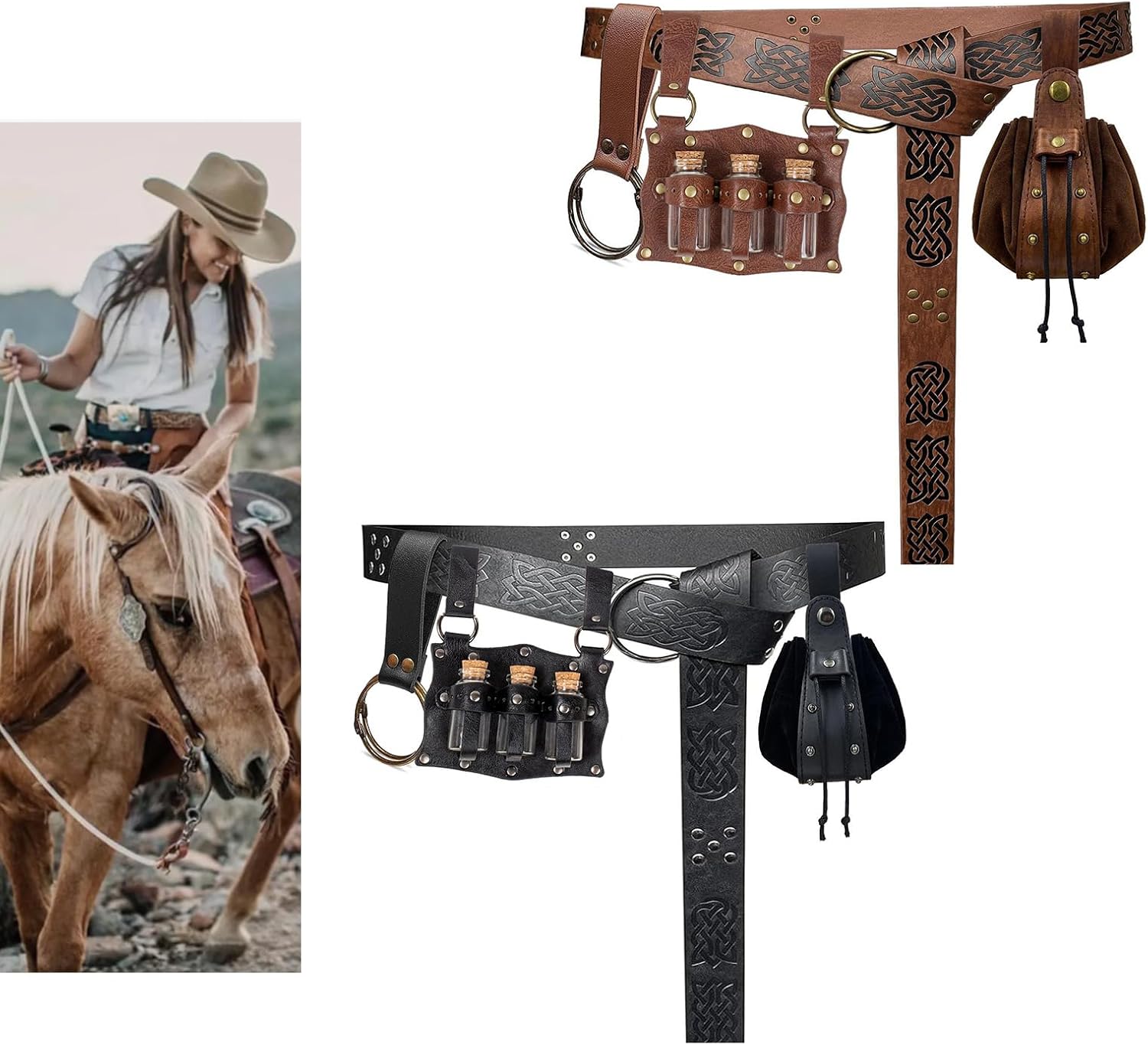 Punk Embossed Waist Pack Waistband Set Adjustable Belt Keychain Quiver for Outdoor Activity Daily Use PU Leather Multi Pocket Waist Bag, Black, Embossed waist bag, Mass Beauty